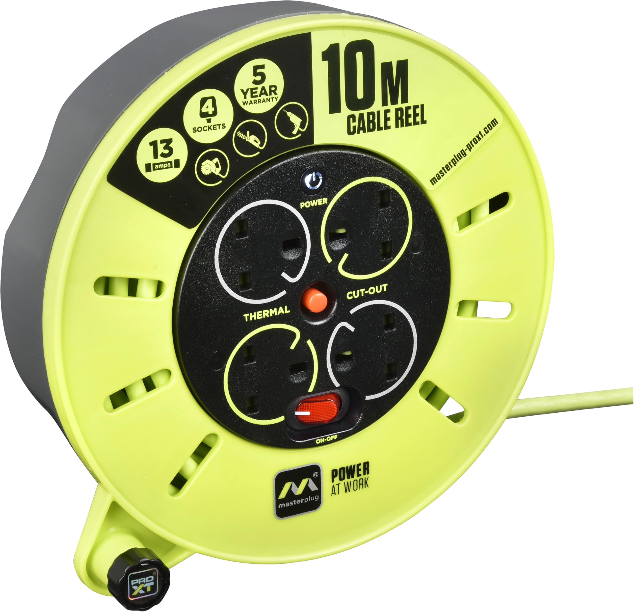 Masterplug Pro-XT Four Socket Medium Cassette Cable Reel with Winding Handle, Thermal Cut Out and Power Switch, 10 Metres, High Visibility Cable, Green