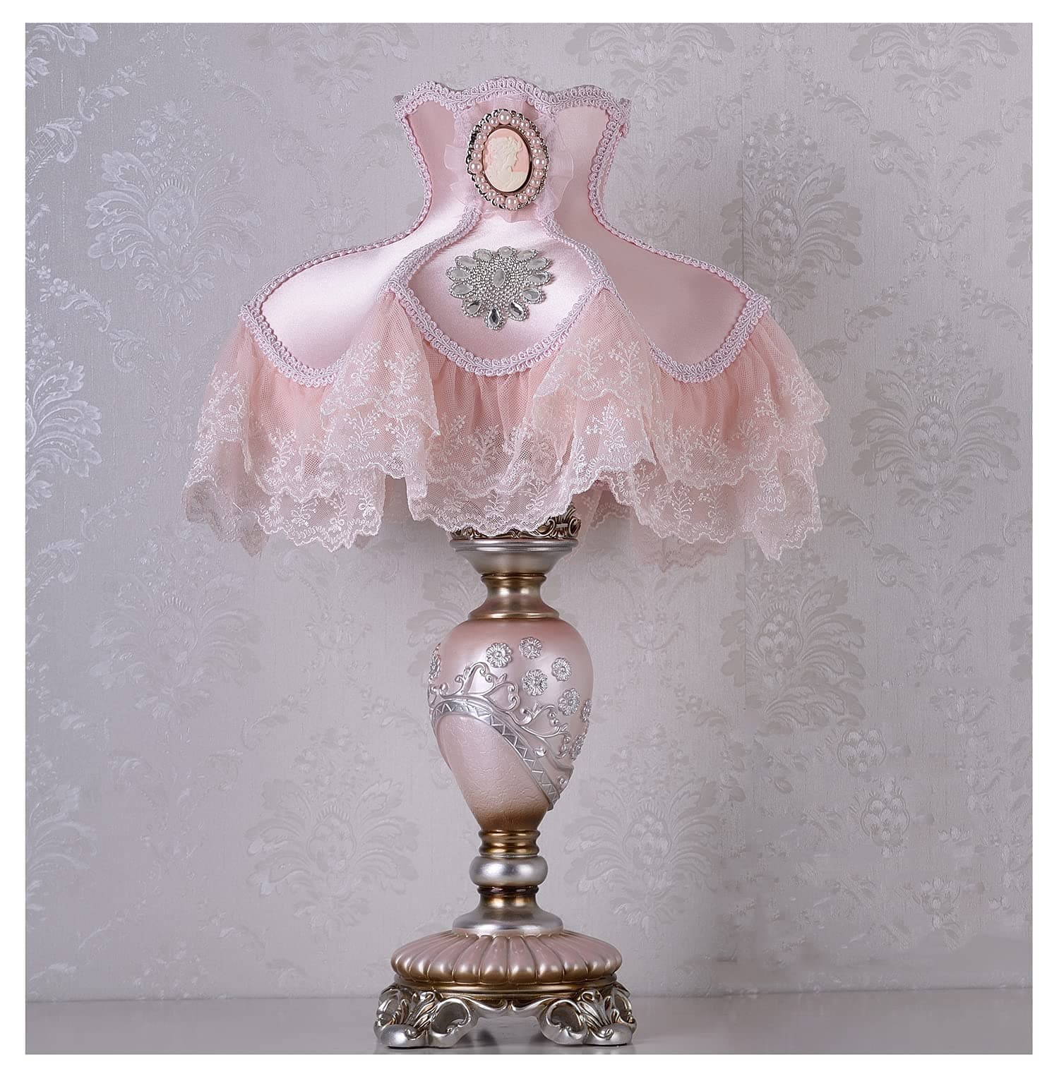 Victorian Style Table Lamp Pink Lace Fabric Lampshade Hand-Made Antique Painted Resin Lamp Body Princess Small Lamp for Living Room Bedroom,13" W, 21.6" H. (Q8)