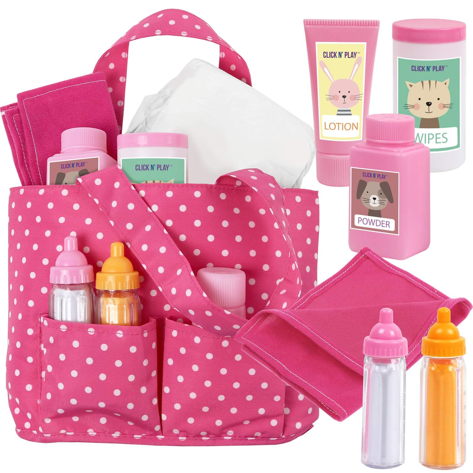 Baby Girl Doll Diaper Bag, Pink Soft Carrying Bag Including Cleaning, Caring, & Feeding Accessories - Baby Doll Bottles, Towel, Powder, Lotion, Wipes