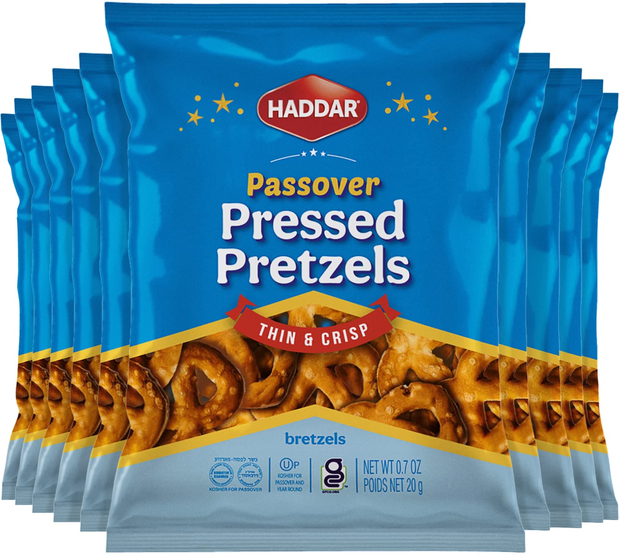 Haddar Gluten Free Pretzels, 0.7oz (10 Pack) | Pressed Pretzels | Individual Snack Packs | Low Calorie Snack | Kosher for Passover