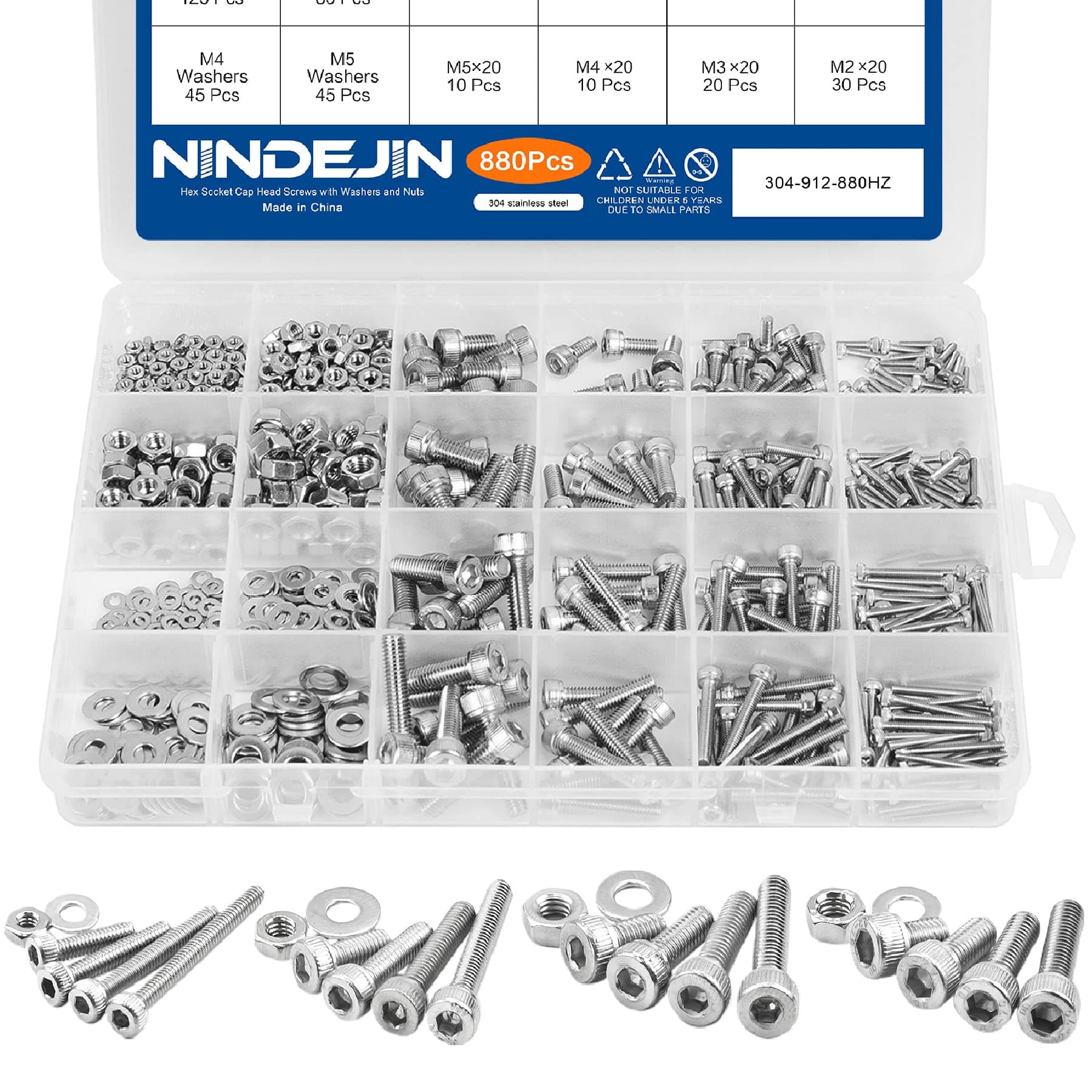 NINDEJIN 880Pcs M2 M3 M4 M5 Stainless Steel Precise Metric Hex Socket Head Cap Machine Screws,Round Flat Socket Bolts and Nuts Set and Washers Assortment Kit +Wrench Hex Round