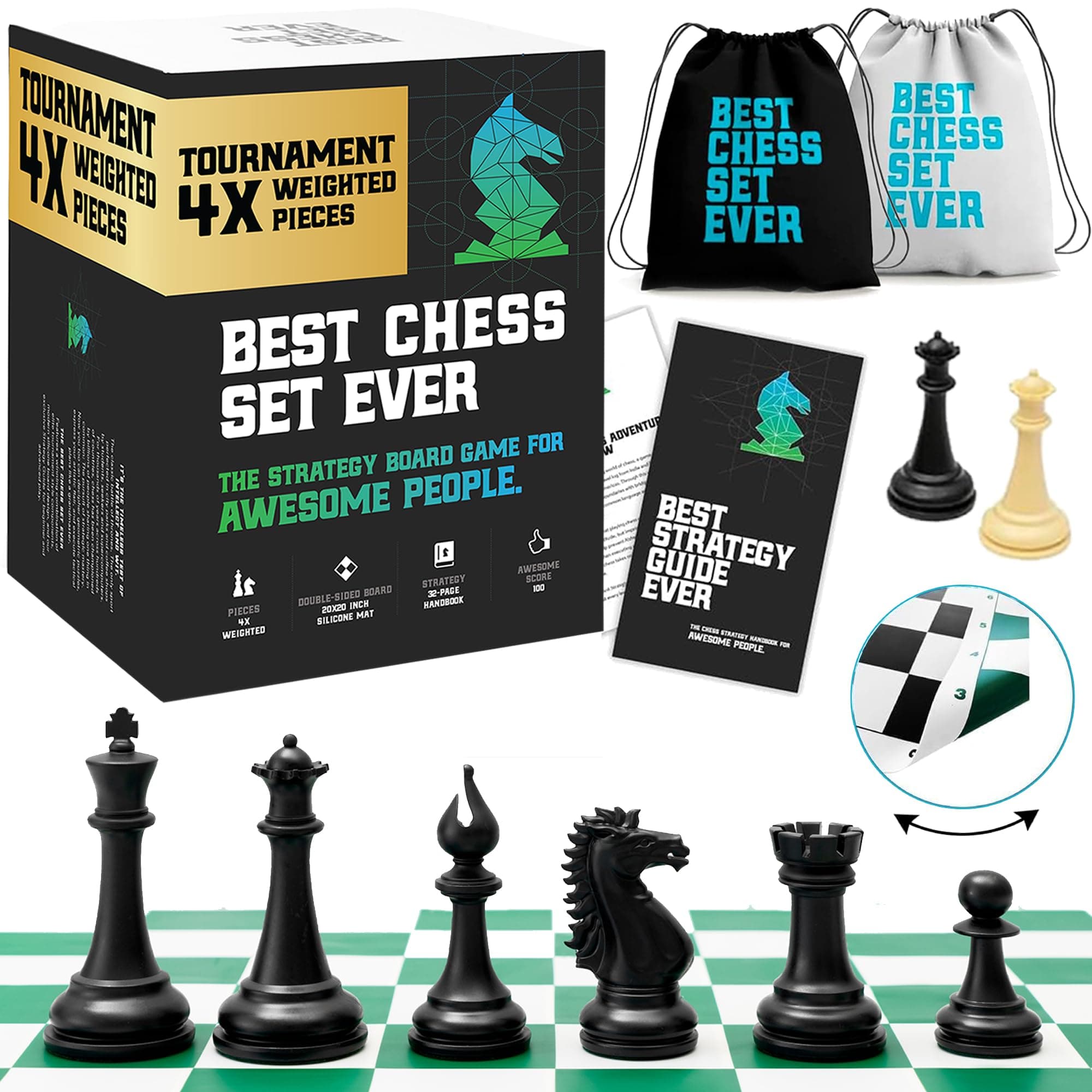 Chess Geeks Best Set Ever - New Modern Style Pieces - Board With XL 4X Quadruple Weighted Pieces - Travel for Adults Unique - Kids Set - 20 x 20 Inches