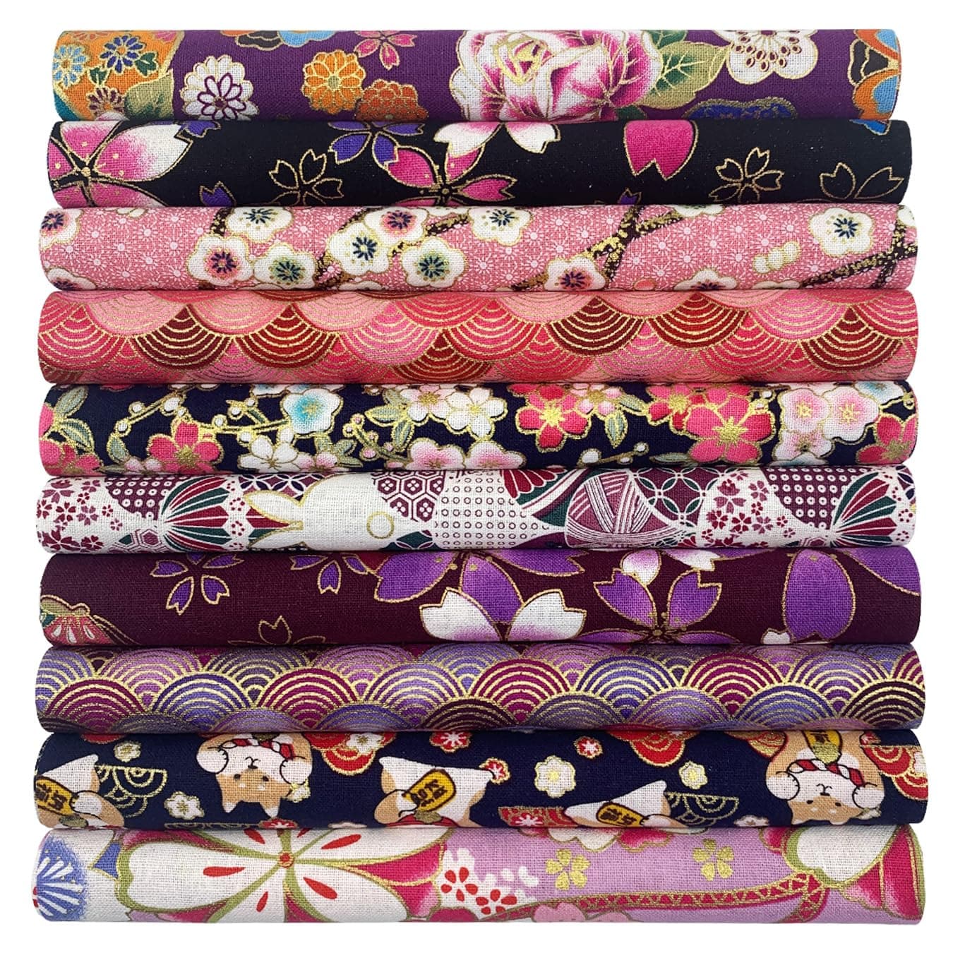 aufodara 10Pcs Cotton Craft Fabric Patchwork Bundle 20x25 cm, Japanese Style Printed Floral Beautiful Gold Patterns Bronzing Cloth for Sewing Quilting DIY Artcraft Handwork (Pink Purple)