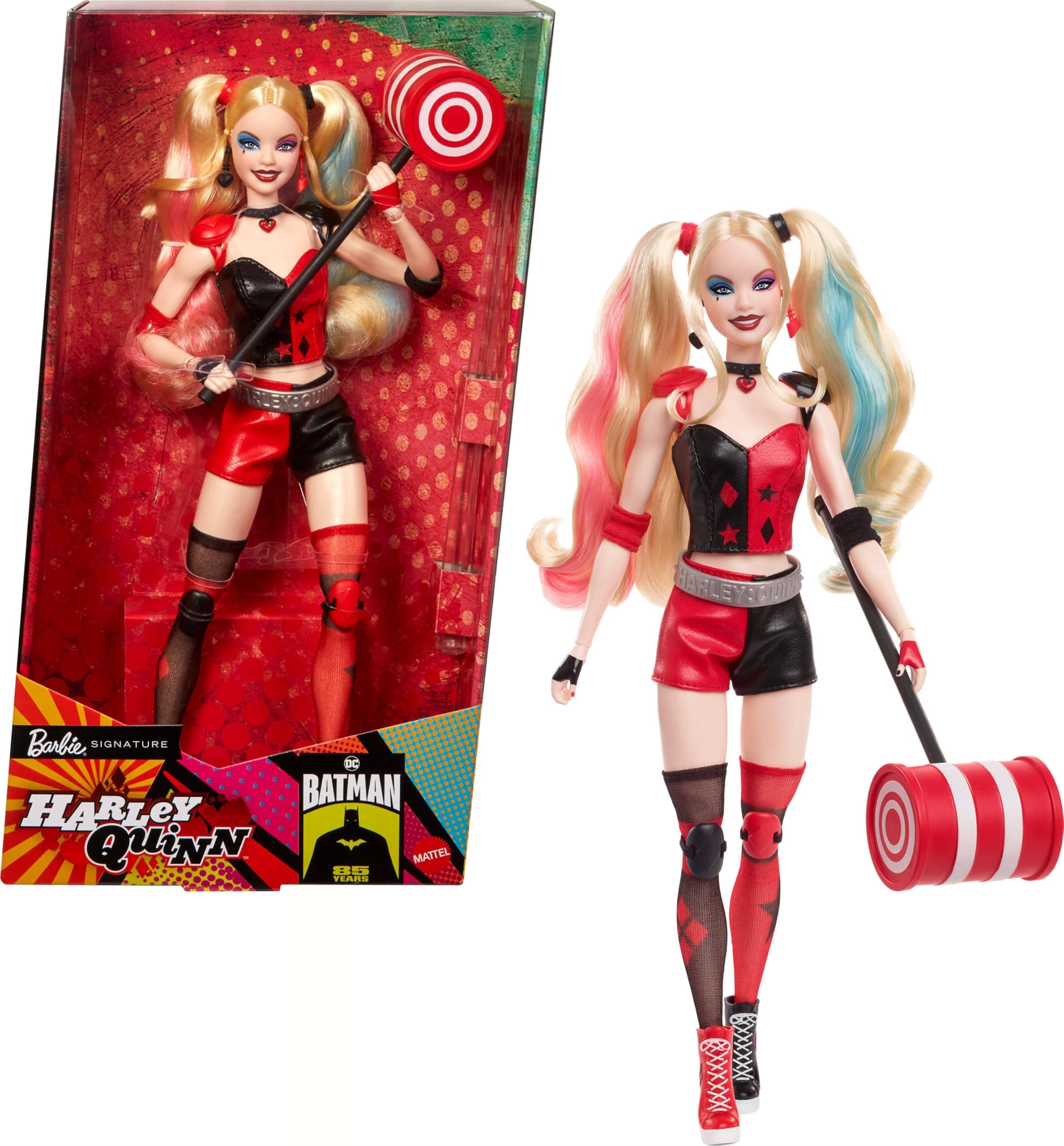 Barbie Mattel Signature Harley Quinn Collectible Doll with Articulated Body, Iconic Outfit and Hammer, DC Batman Collectible Figure for 85th Anniversary HRM84, [Multicolour]