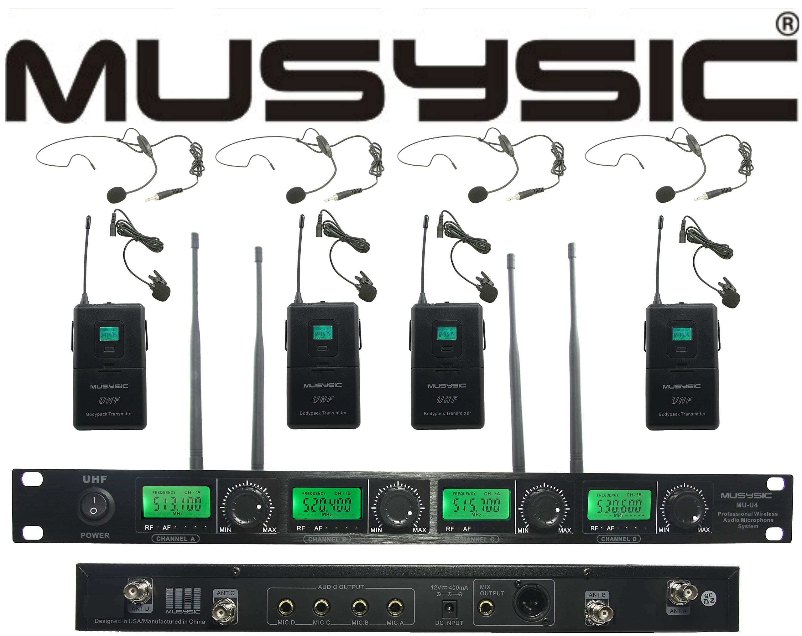 MUSYSIC U4LL 4-Channel Professional UHF Lapel/Lavalier & Headset Wireless Microphone System for Conference, Church, Party with Independent Volume Controls