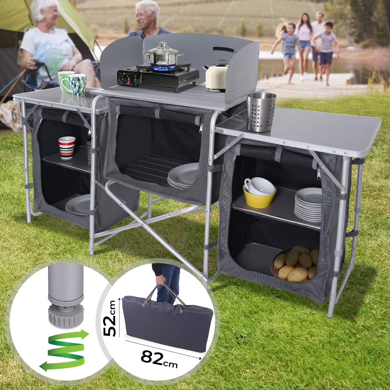 MIADOMODO Outdoor Kitchen - With windshield, 5 storage compartments, Storage bag included, Black-Silver - Camping Field Kitchen Worktop Table Stand