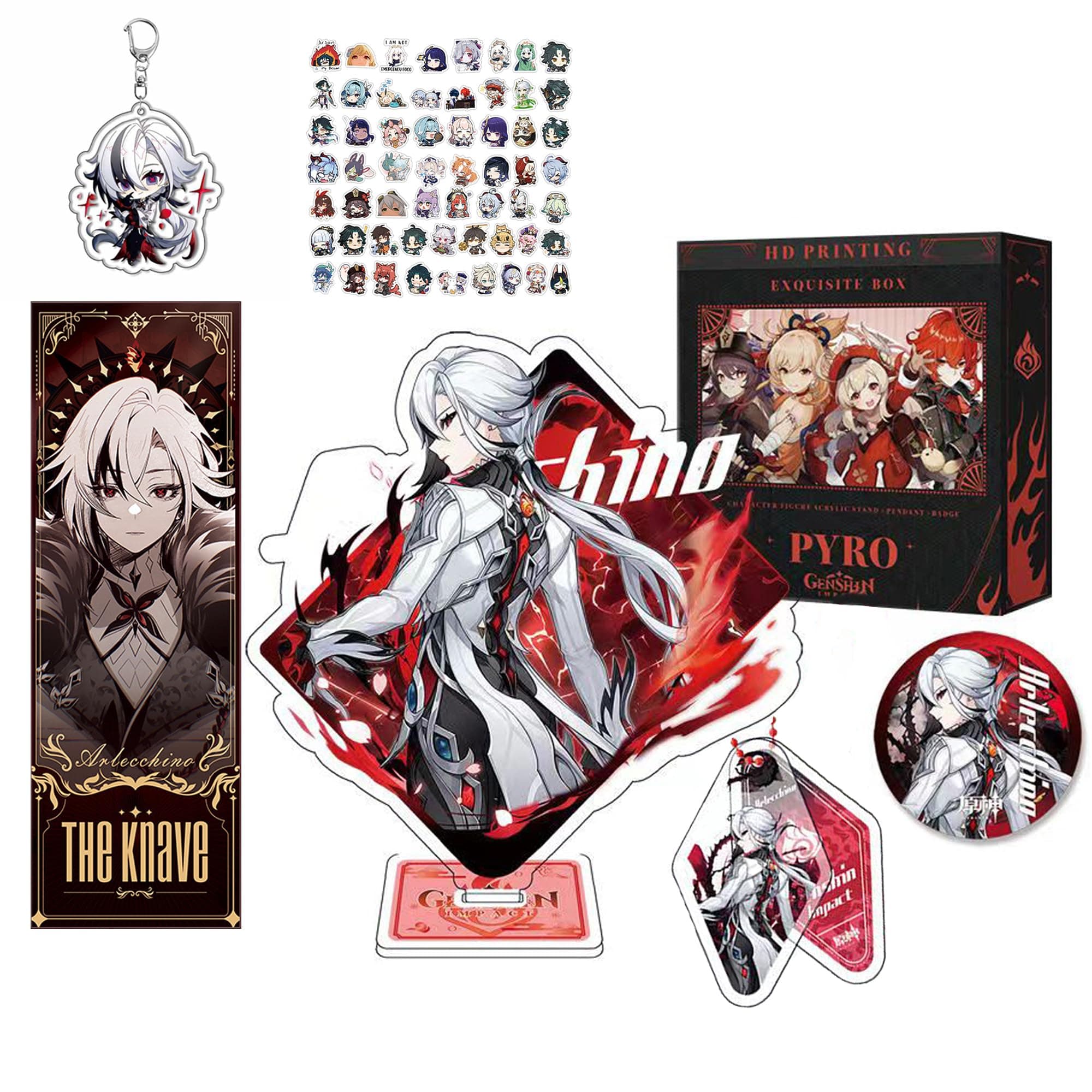 Genshin Impact Merch Gift Box Include Stickers Keychain Pendant Badge And Acrylic Stand Figure (Arlecchino)