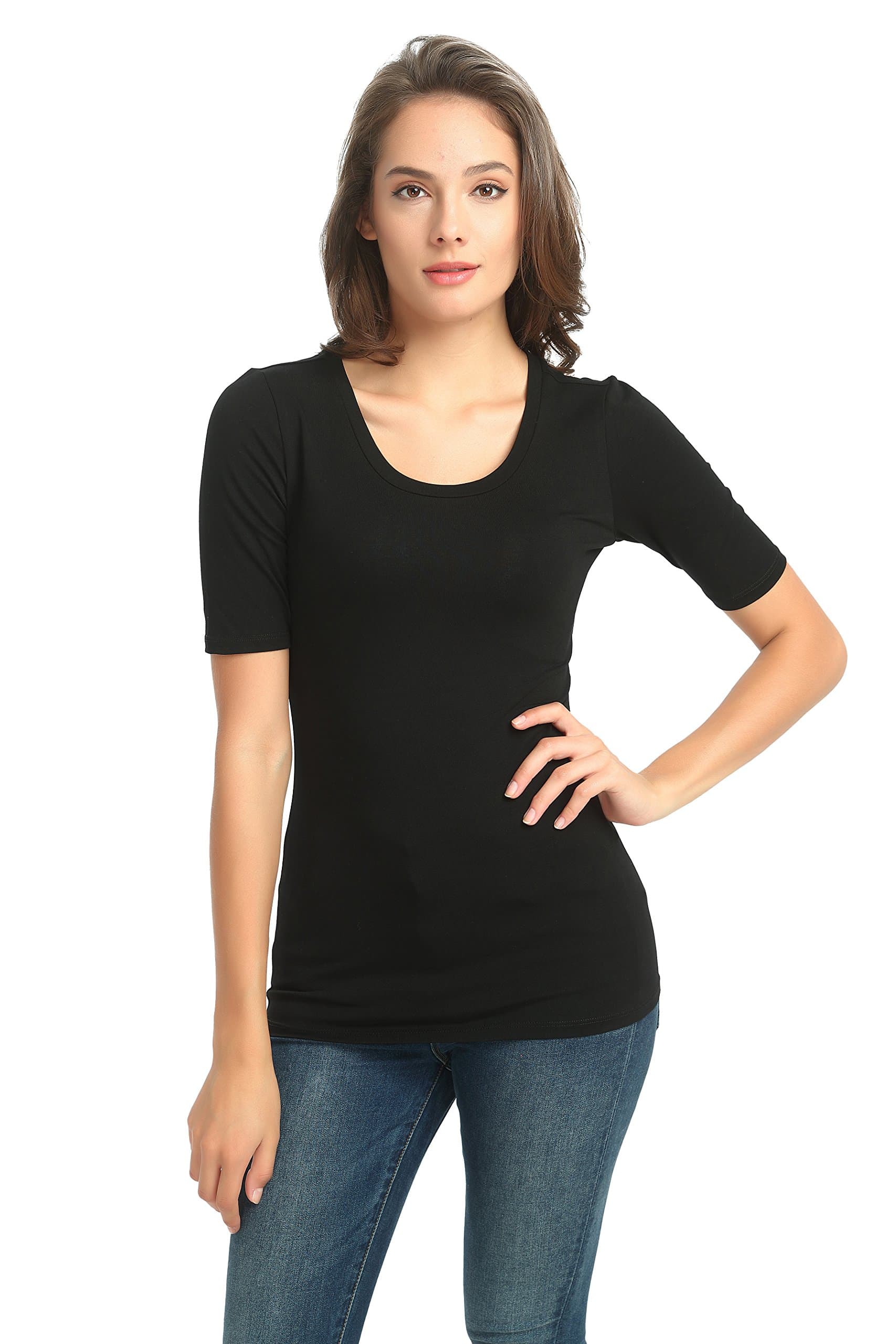 zhAjh Womens Cotton Modal Spandex Triblend Scoopneck Half Sleeve Tee T-Shirt (Black, Small)