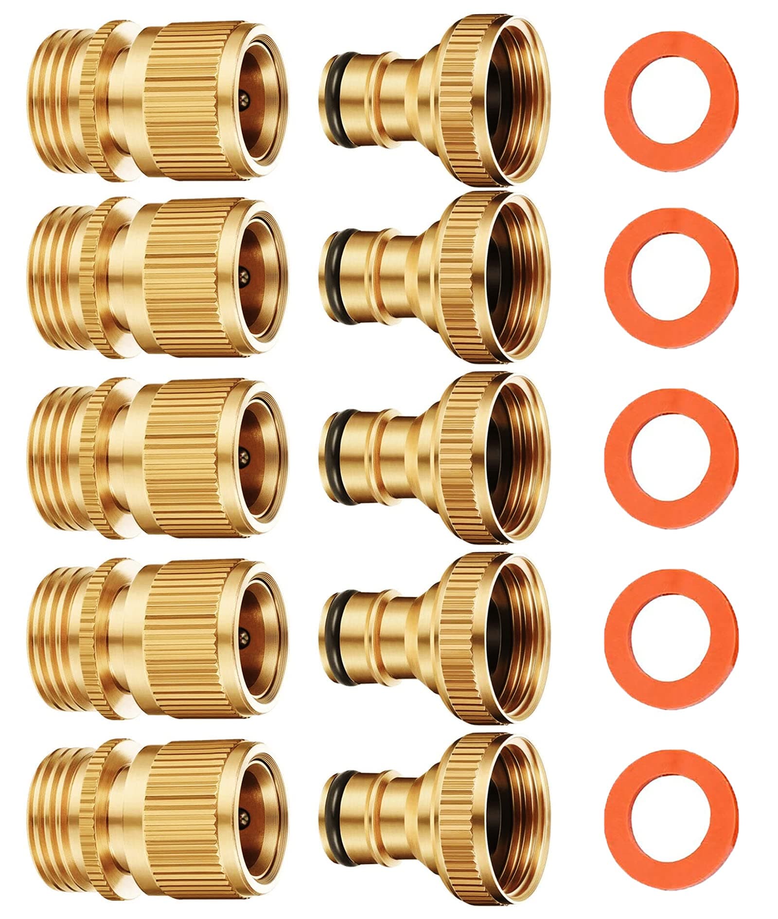 Garden Hose Quick Connector, Solid Brass Water Hose Quick Connect Fittings 3/4 inch GHT Quick Release Male and Female Adapters (5 Set)