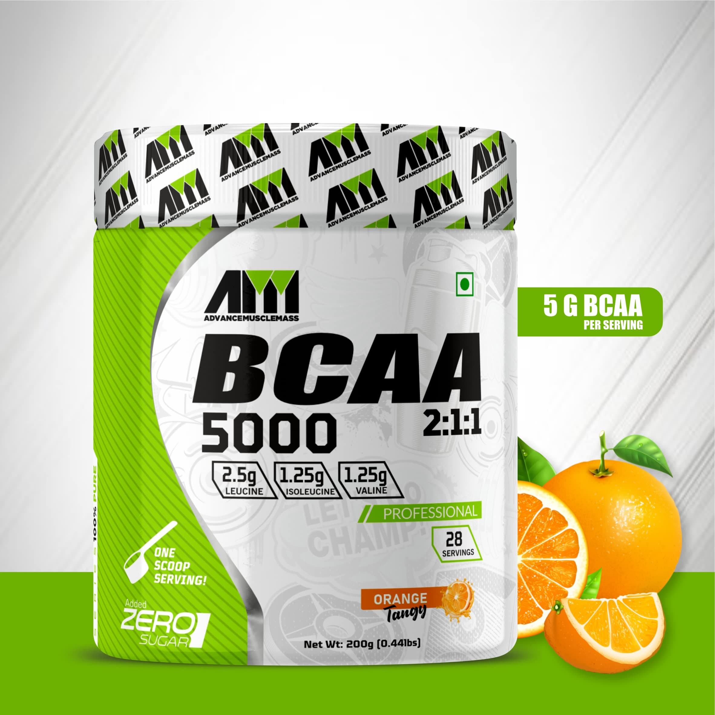 Advance MuscleMass BCAA 2:1:1| Pre/Post & Intra workout Supplement Powder For Muscle Recovery & Perfomance | 5 G BCAA ( Orange Flavour | 200 GM / 0.44 lb), 28 Servings
