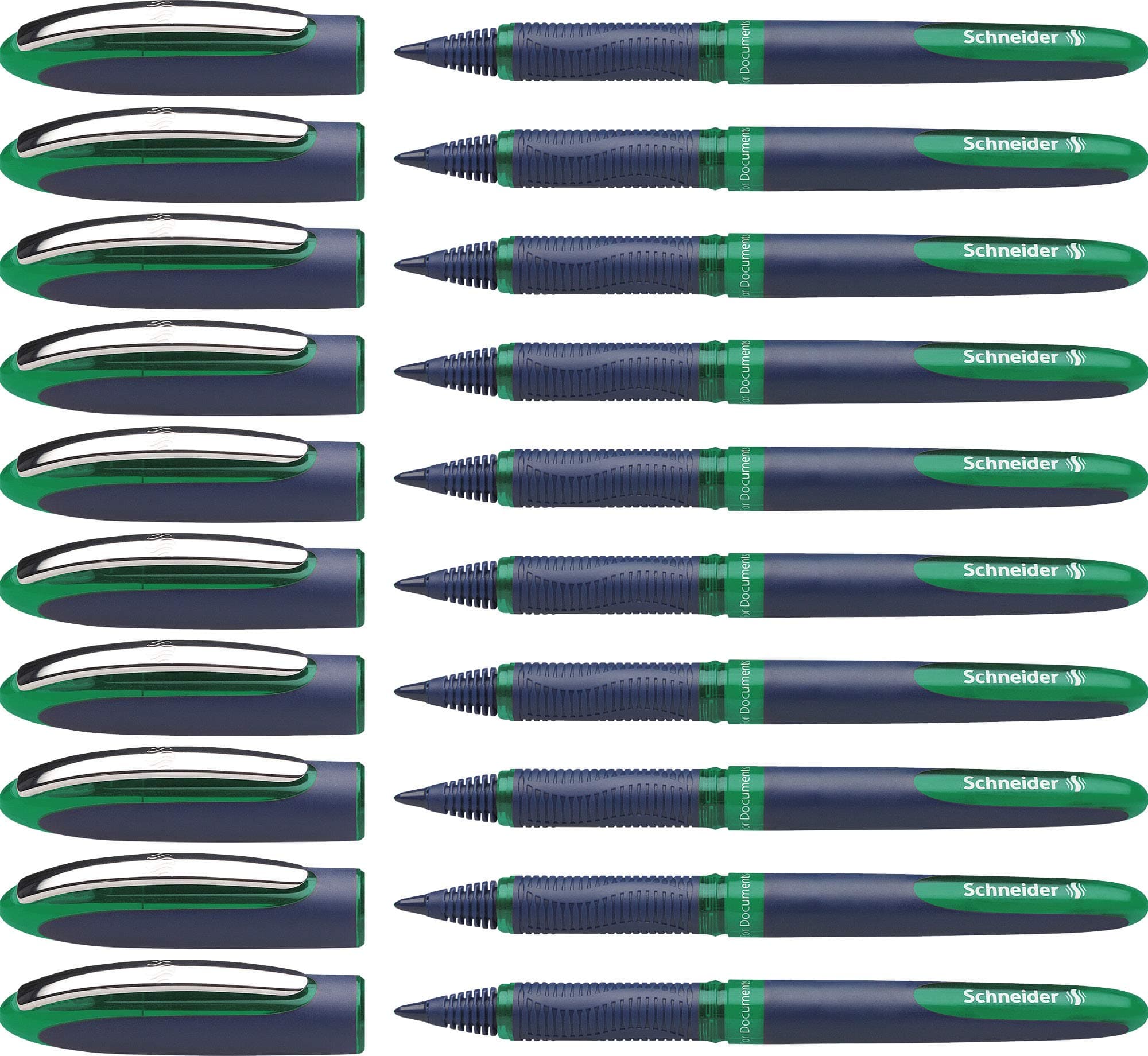 Schneider One Business Rollerball Pen, 0.6mm, Super Smooth Tip, Blue Barrel, Green Ink, Box of 10 (183004)