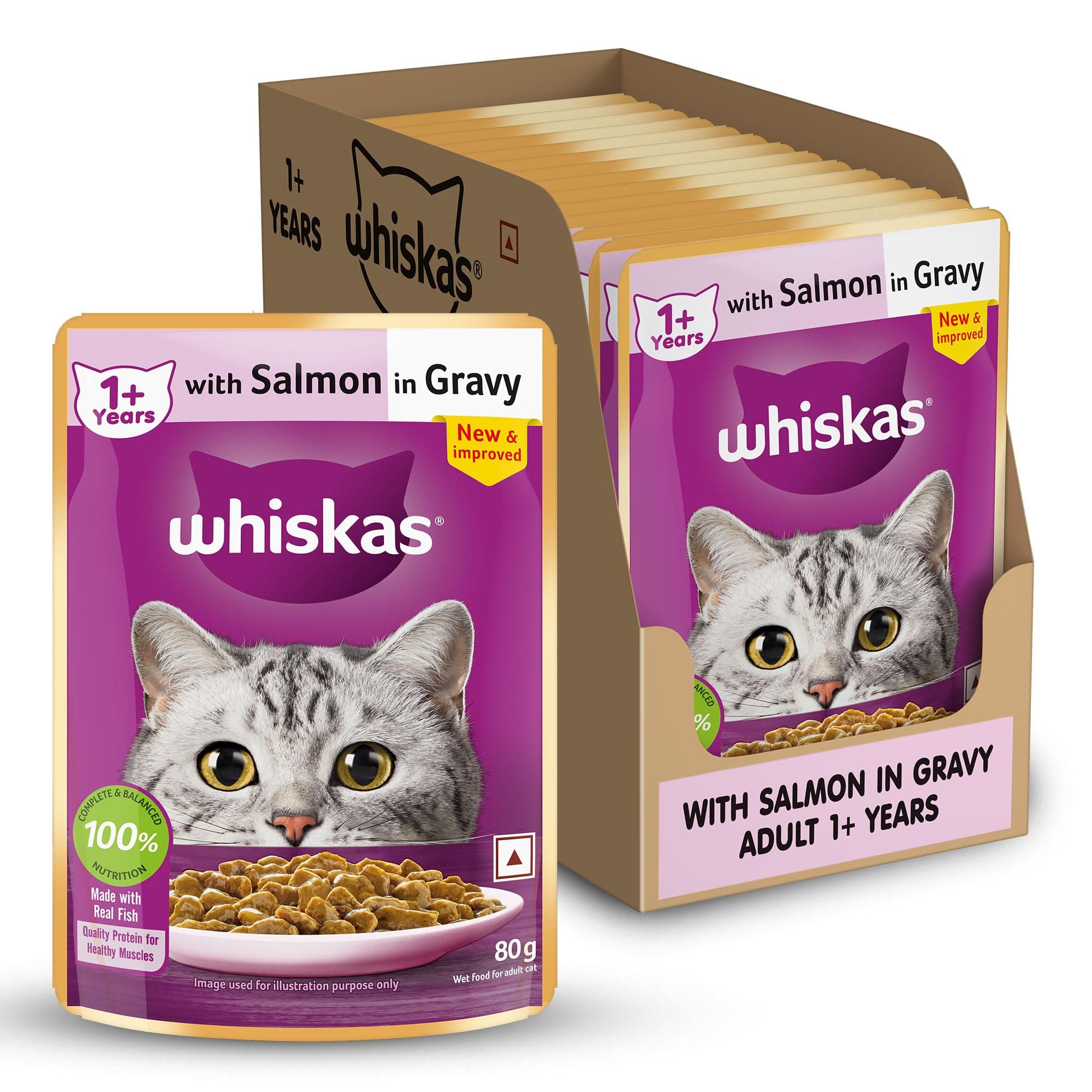 Adult (1+ Years) Wet Cat Food, Salmon in Gravy, 80 g (Pack of 14), Hydrating Food Made With Real Fish, 100% Complete & Balanced Nutrition for Adult Cats