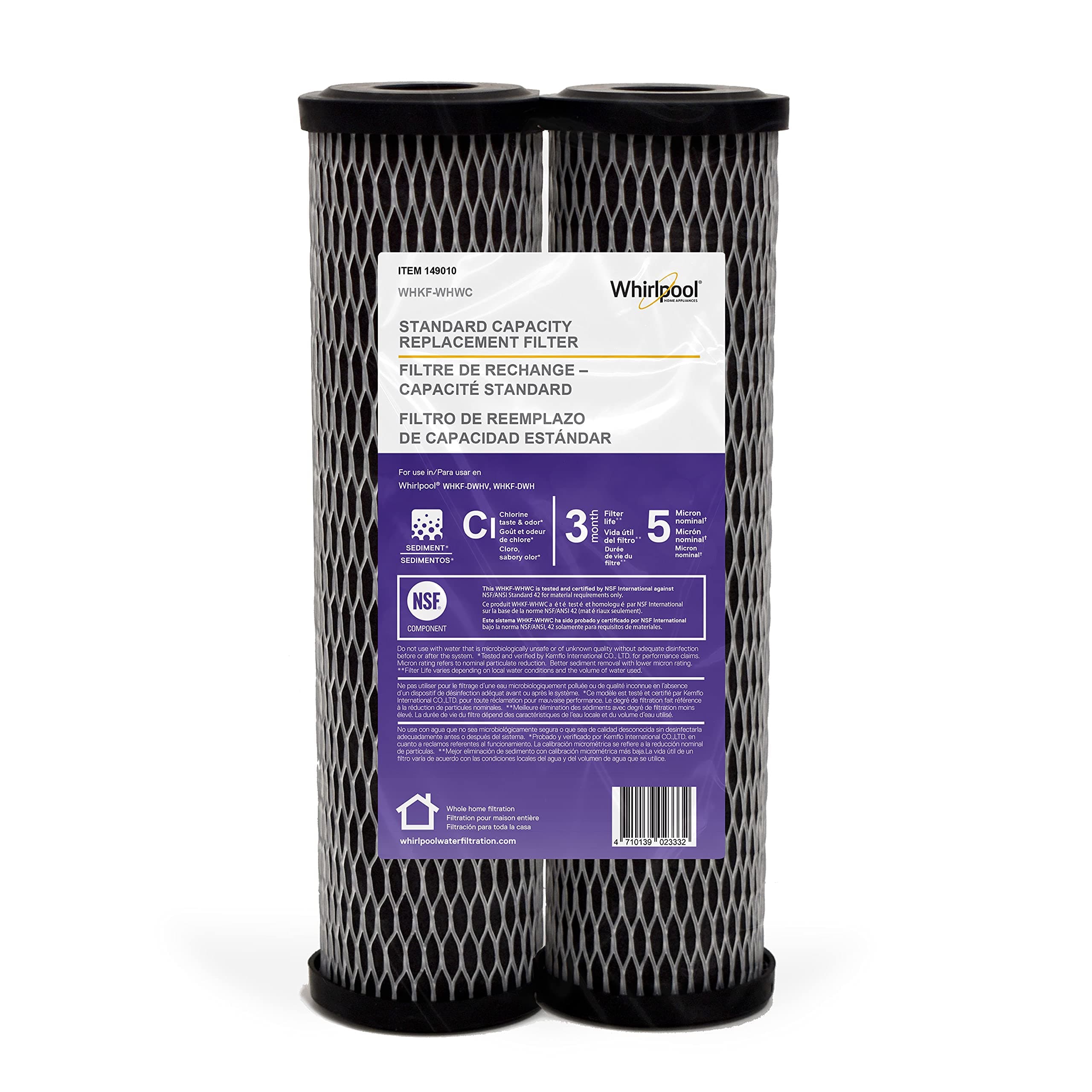 Whirlpool 5-Micron CTO Replacement Water Filter WHKF-WHWC, 10 x 2.5 inch Carbon Wrap Cartridge Reduces Chlorine Taste & Odor, NSF Certified for Whole House Sediment and Drinking Filtration System