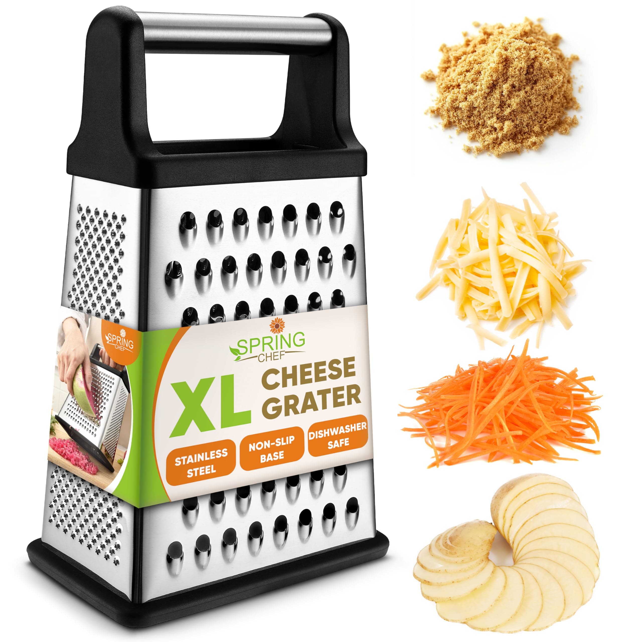 Professional Cheese Grater - Stainless Steel, XL Size, 4 Sides - Perfect Box Grater for Parmesan Cheese, Vegetables, Ginger - Dishwasher Safe - Black