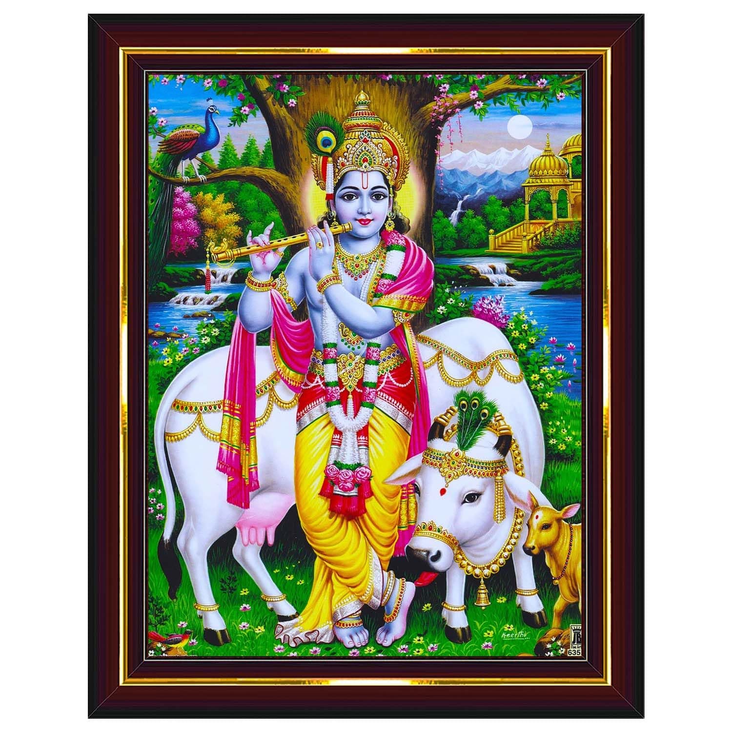 Pavan Photo Laminations Lord Gopala Krishna Murali Gopal Cow Calf Wall Painting Framed Home Decor (Wood,Acrylic,Brown,Small Size,6x8 Inch) B683S