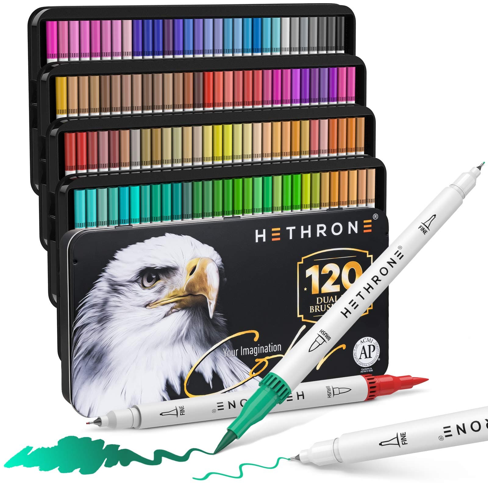 Hethrone Dual Tip Brush Pens with Fine-Liner Tip 0.4, Dual Tip Marker Pens Water Based Ink for DIY Coloring Book, Sketching, Painting, Drawing, Manga Fashion Design(120-Color)
