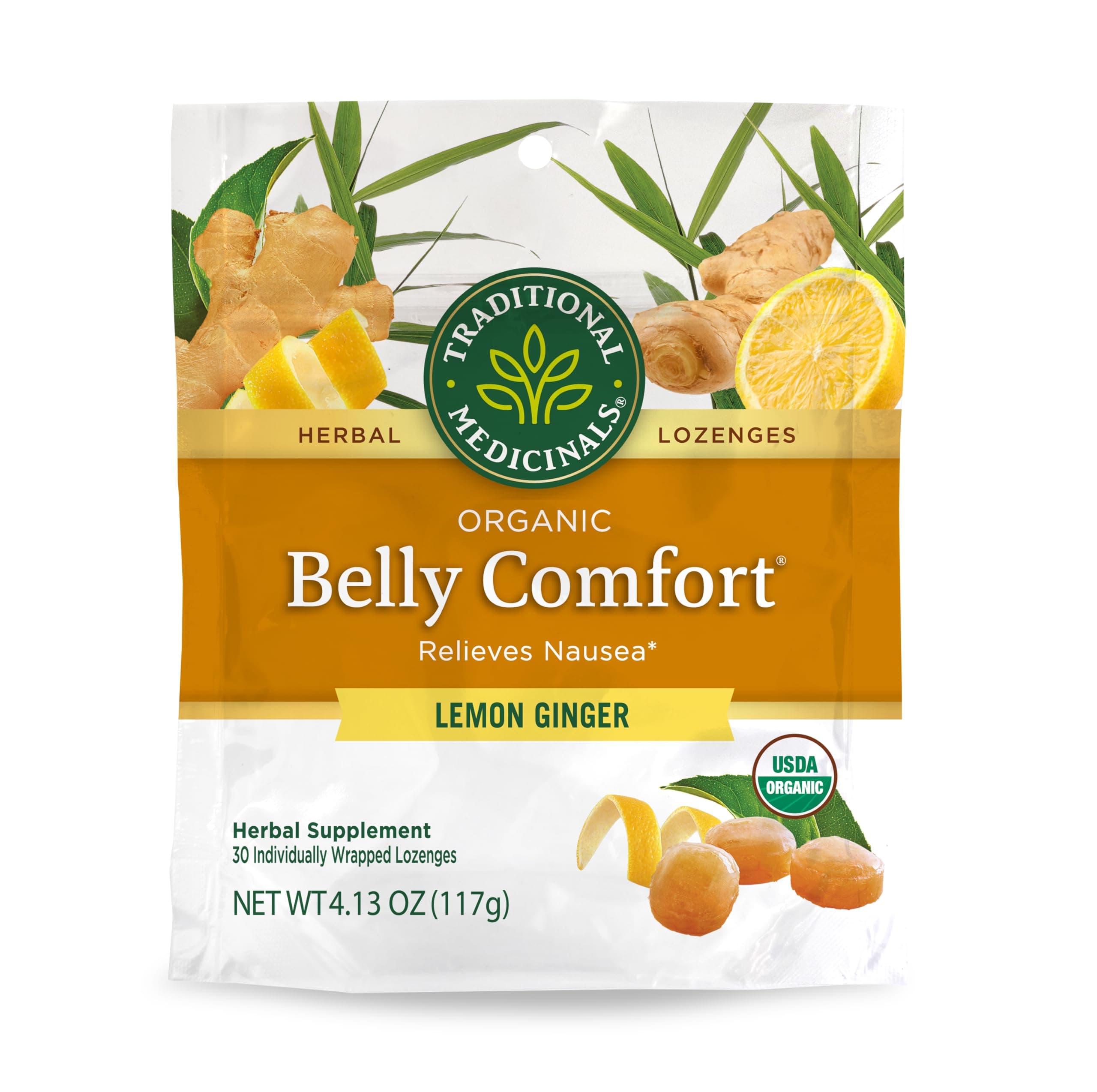 Traditional Medicinals Organic Belly Comfort Lemon Ginger Lozenges - Nausea Relief - 30 Count (Pack of 1)