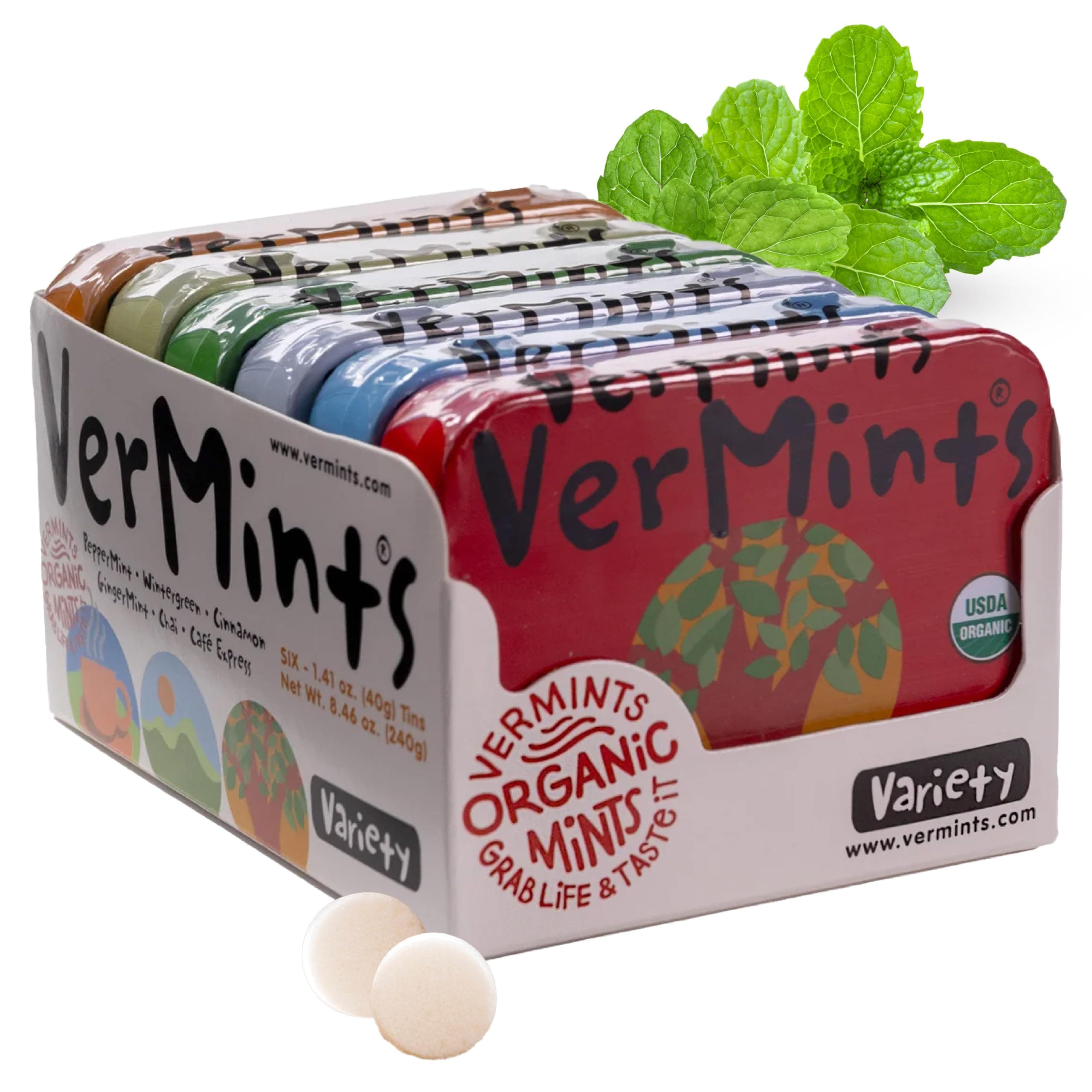 VerMints Organic Breath Mints – Peppermint, Ginger, Wintergreen, Cinnamon, Chai & Cafe Express Flavored Mints - Non-GMO, Gluten-Free, Vegan & Kosher Healthy Refresh - 1.41oz – 6 Variety Travel Tins