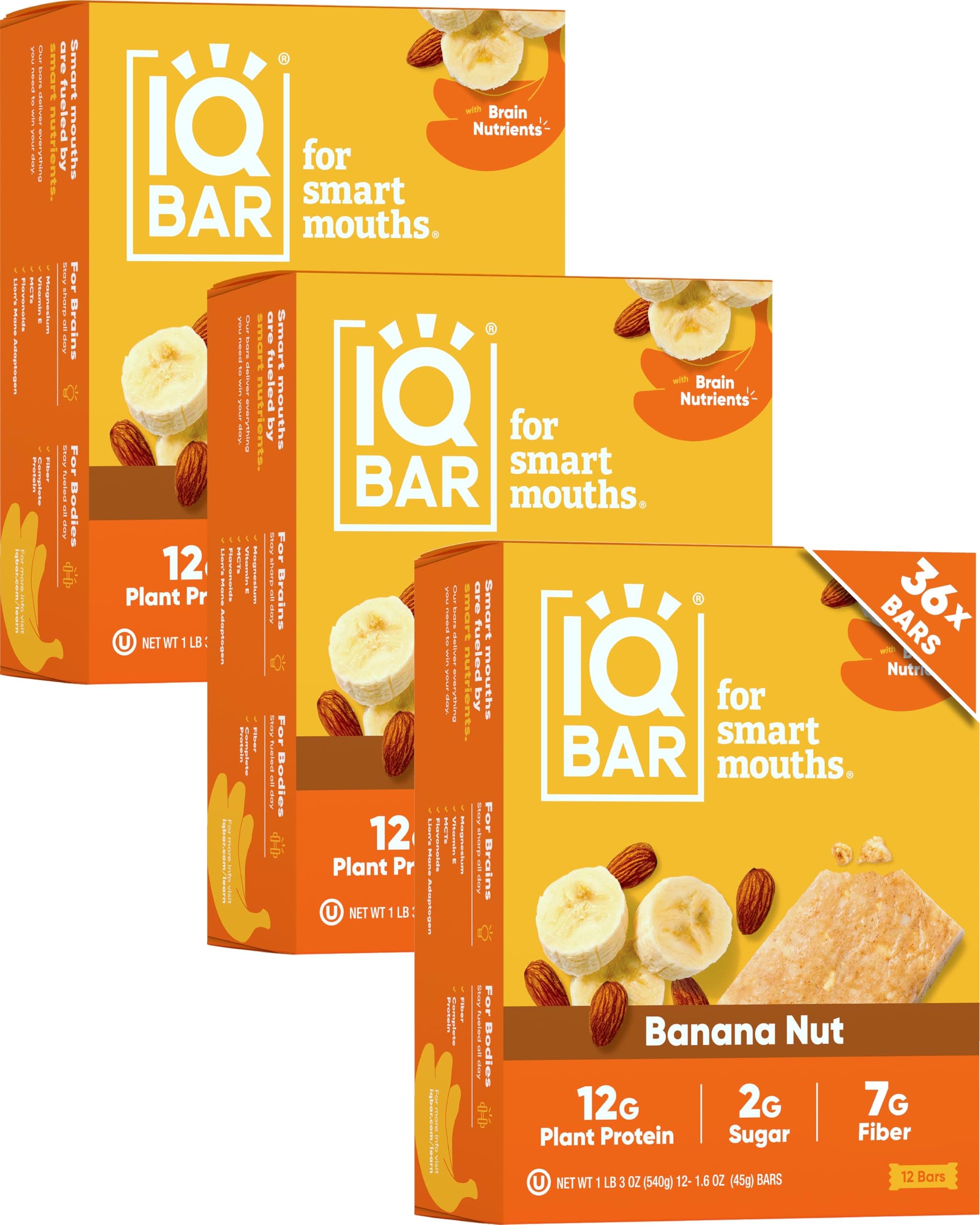 IQBAR Clean Plant Protein Bars - Banana Nut - 36 Count - Keto, Vegan, High Fiber, Gluten and Dairy Free, Low Sugar Snack - Brain and Body Nutrients for Focus, Energy, Meal Replacement