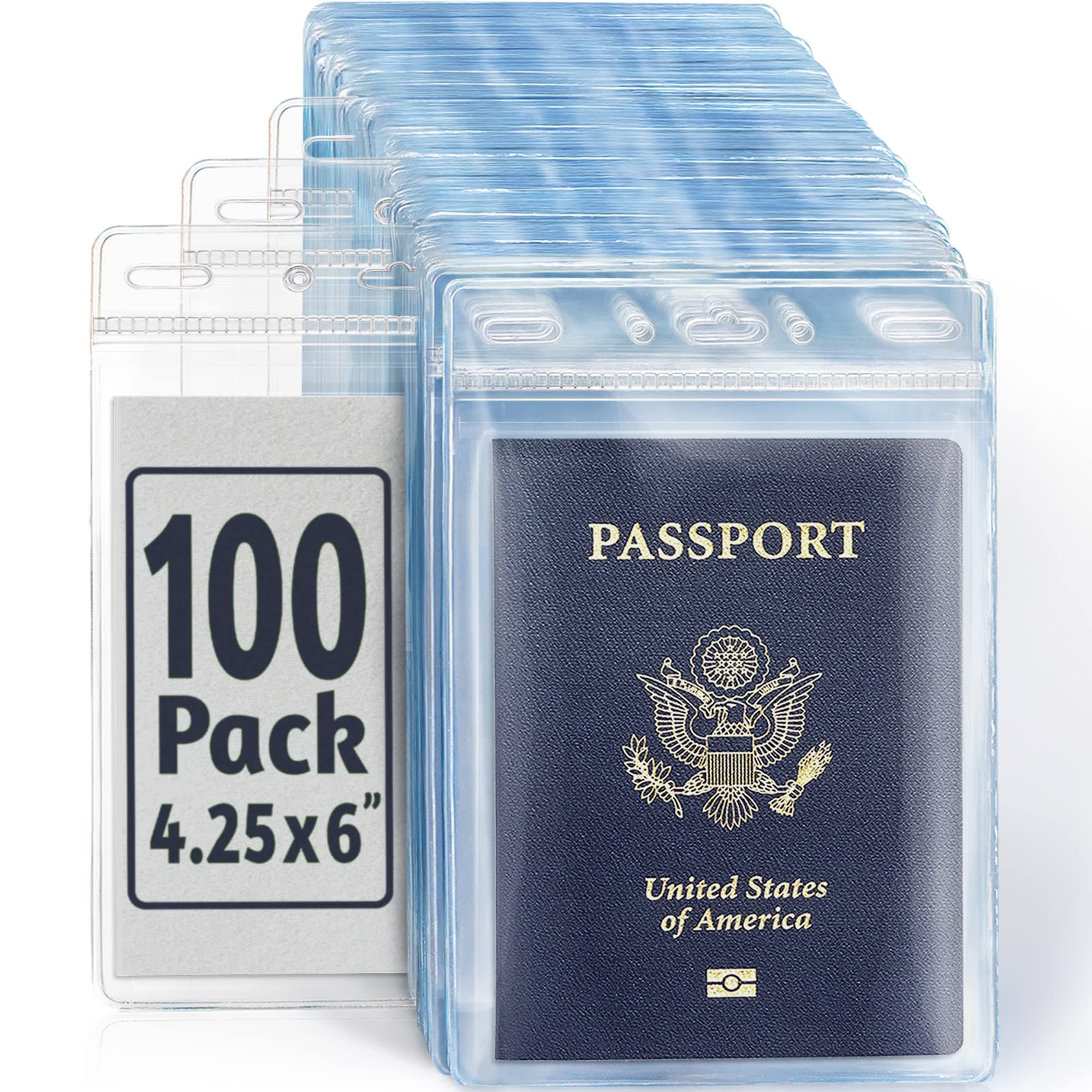EcoEarth Passport & Identification Card Holders with Soft Edge (Clear, 4x6 Inch, 100 Pack), Extra Large Vertical ID Holder, Zipperless Plastic Name Badge Holders