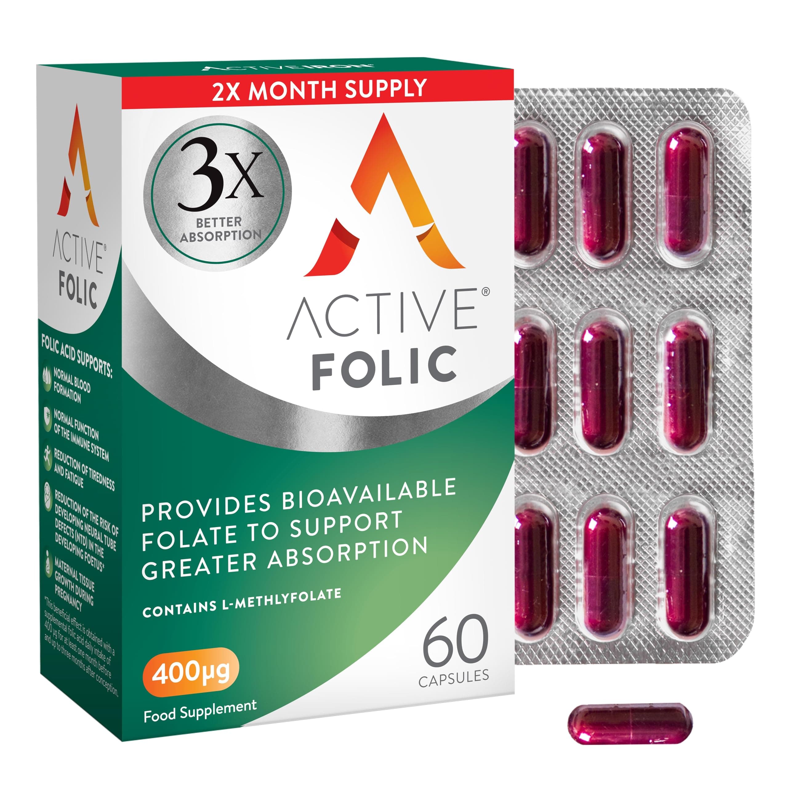 Active Folic 400 mcg – L-Methylfolate Folic Acid Supplement – Highly Absorbed, Vegan – Supports Pregnancy, Energy, Tiredness & Fatigue Reduction – 60 Capsules (2-Month Supply)