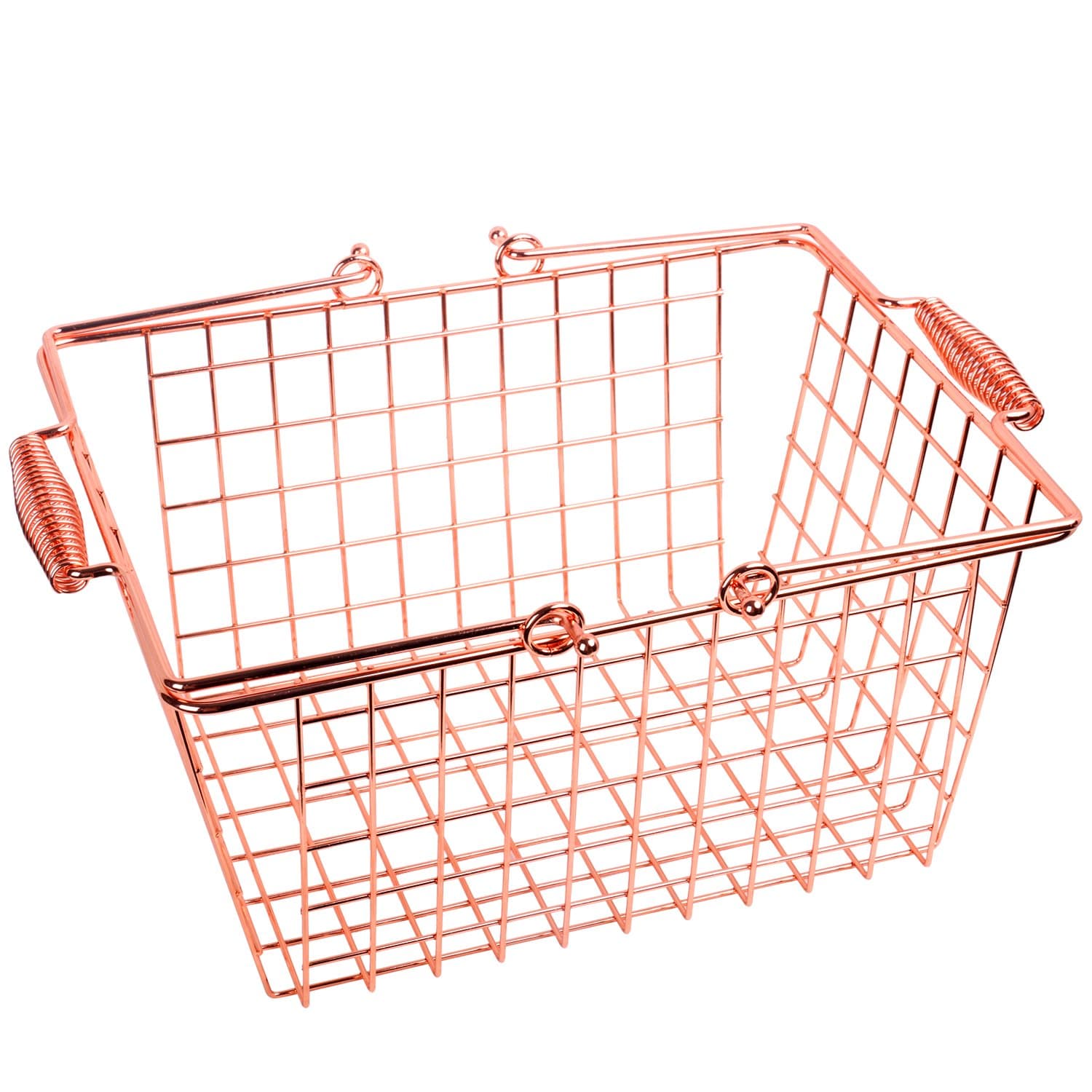 Kufox Multifunctional Wire Storage Basket, Glossy Metal Basket with Spring Handles, Decorative Food Storage Organizer Bin for Kitchen, Bathroom and Pantry, Rose Gold