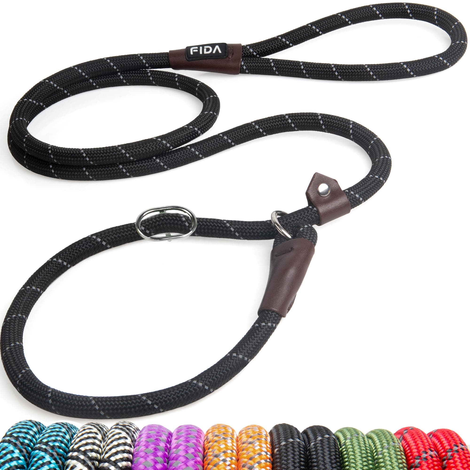 Fida Durable Slip Lead Dog Leash, 6 FT x 1/2" Heavy Duty Dog Loop Leashes, Comfortable Strong Rope Slip Leash for Large Medium Dogs, No Pull Pet Training Lead with Highly Reflective(1/2", Black)