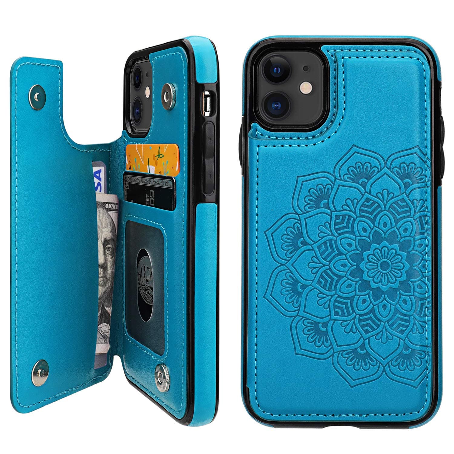Vaburs Compatible with iPhone 11 Case Wallet with Card Holder, Embossed Mandala Pattern Flower Premium PU Leather Double Magnetic Buttons Flip Shockproof Protective Cover for 6.1 Inch, (Blue)