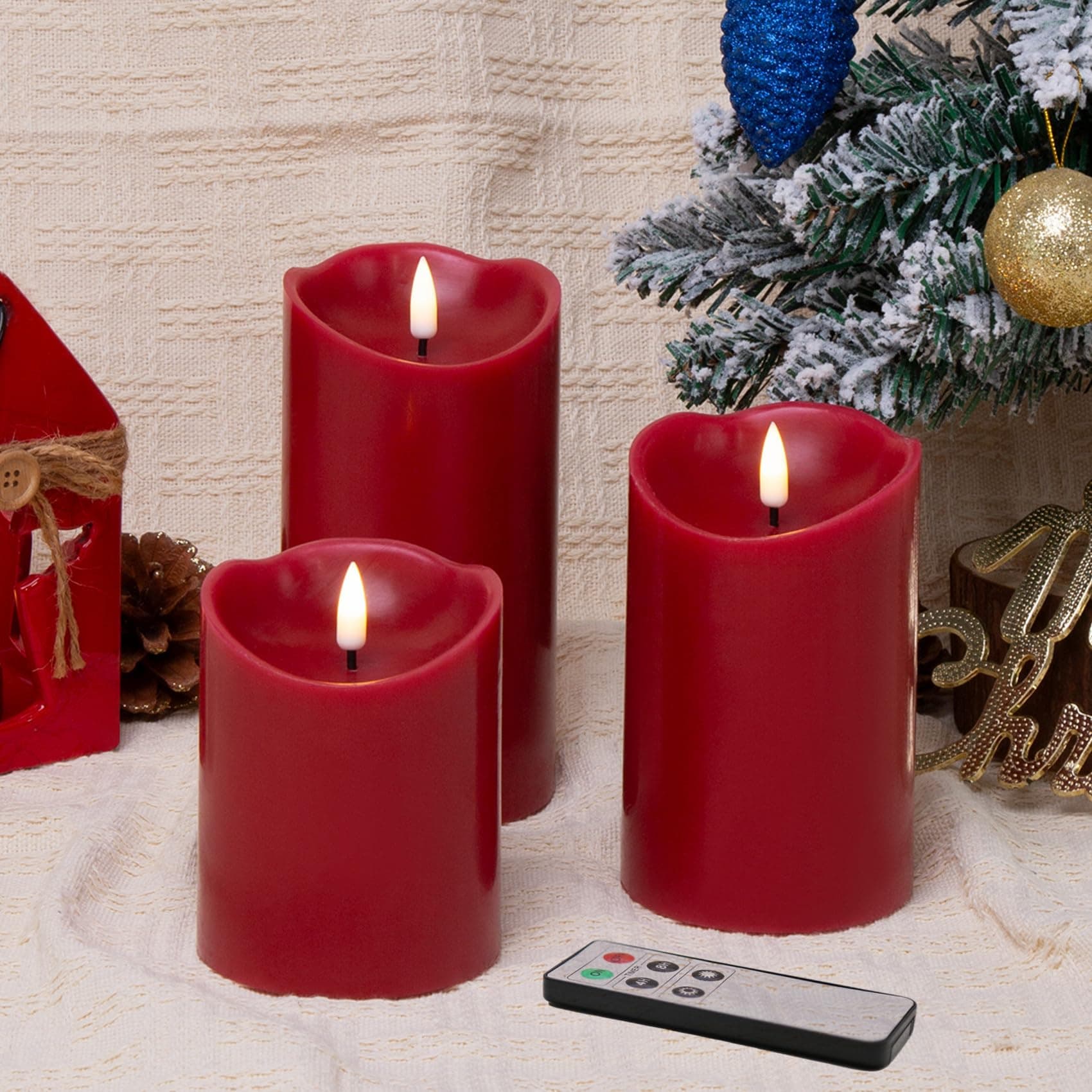 Eywamage Red Flameless LED Pillar Candles with Remote, Real Wax Flickering Christmas Candles Battery Operated Set of 3