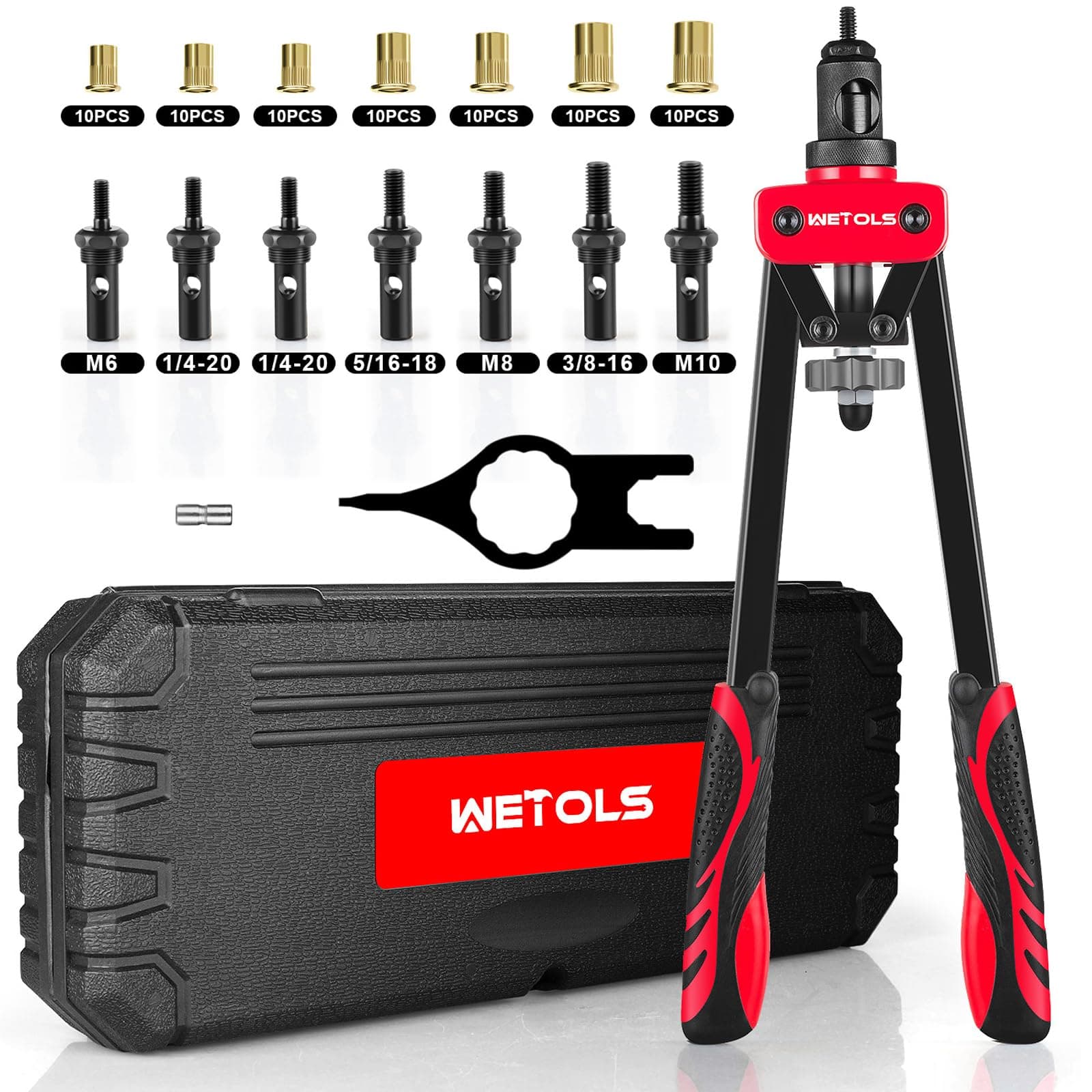 WETOLS Rivet Nut Tool, Hand Rivet with 7 Metric & Inch Mandrels M6 M8 M10, 1/4-20, 5/16-18, 3/8-16, 70pcs Rivnuts and Blow Carry Case, Steel - WE-882