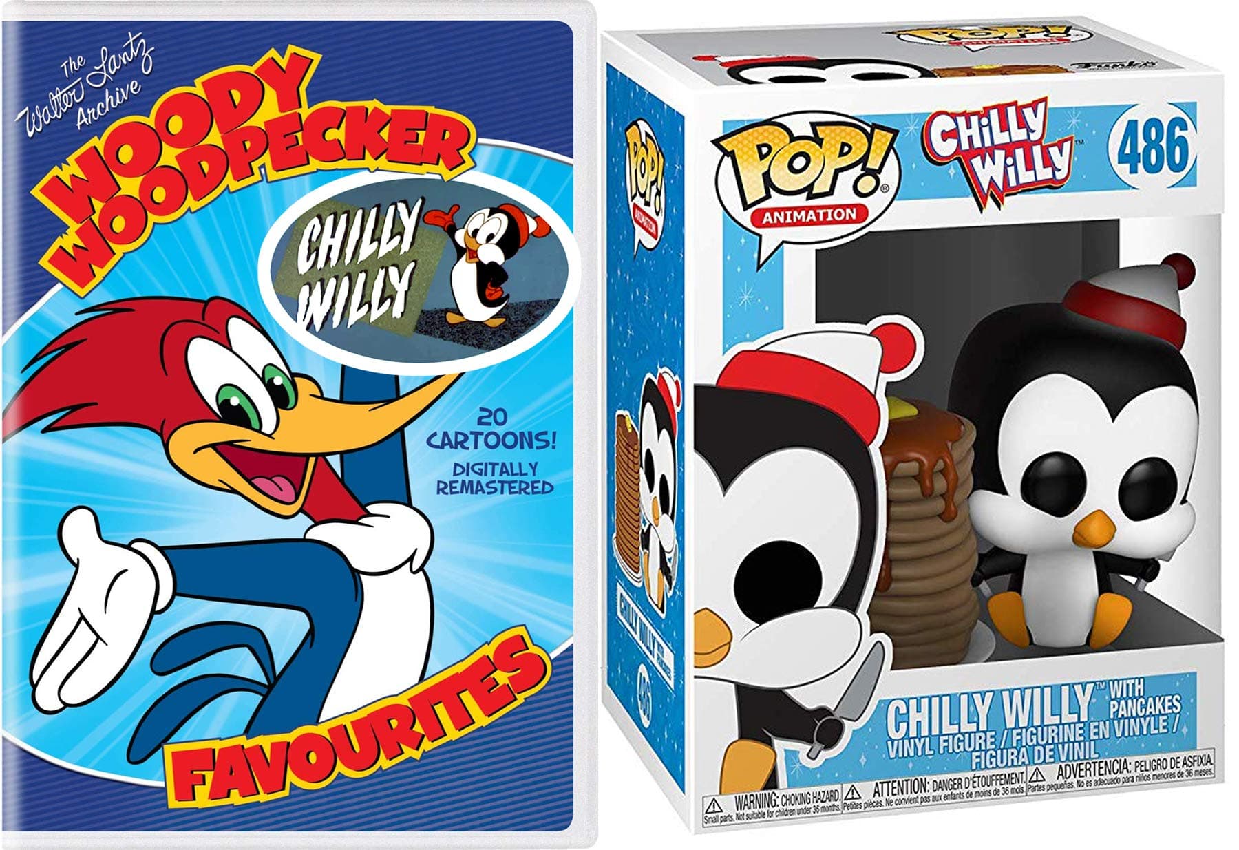 Chilly Penguin WIlly Cartoon Pals Woody Woodpecker Favorite 20 Episodes DVD including Andy Panda + Figure with Pancakes Vinyl Pop! Character Collectible Fan set