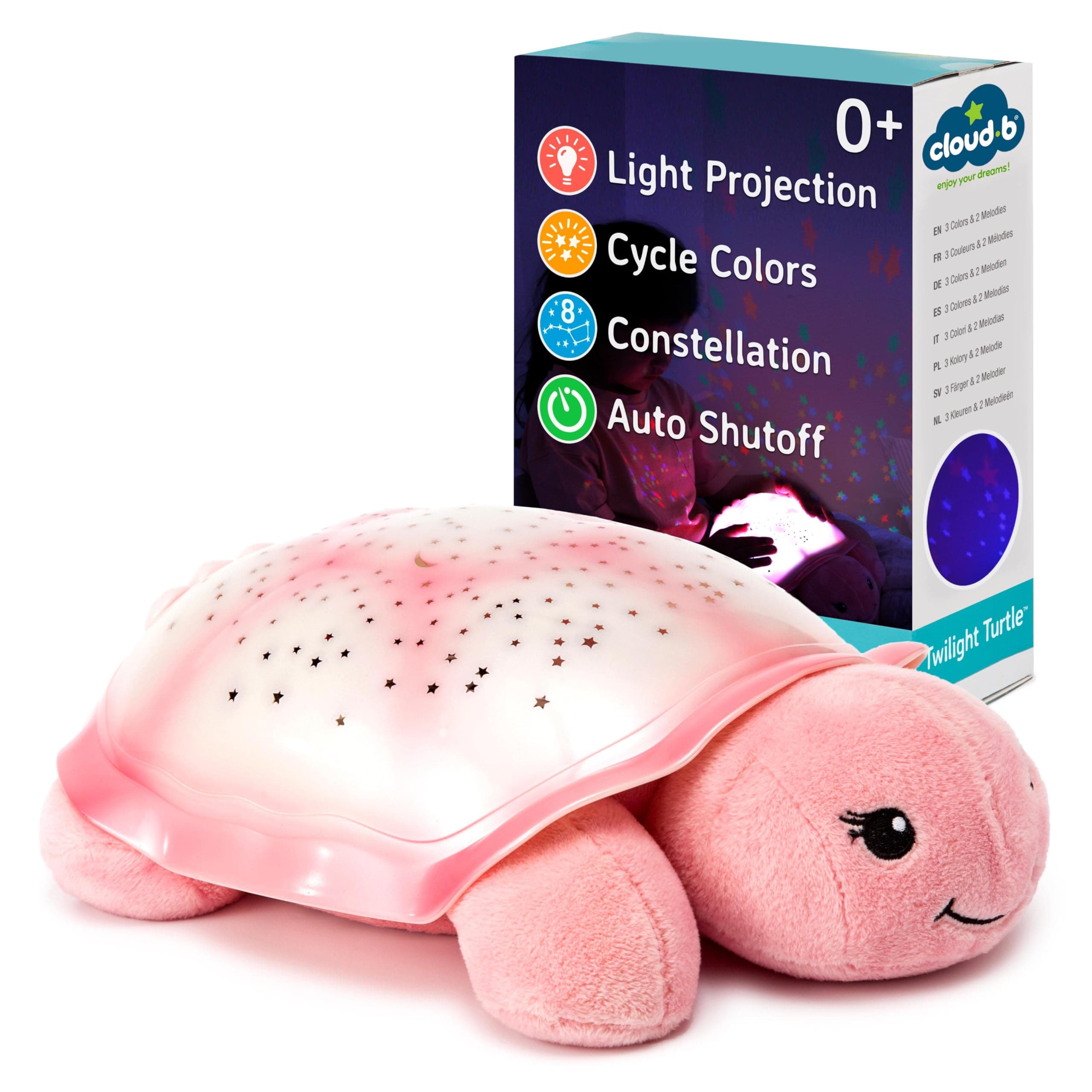 Cloud b Star Projector Nightlight with White Noise Soothing Sounds | Adjustable Settings and Auto-Shutoff | Twinkling Twilight Turtle - Pink
