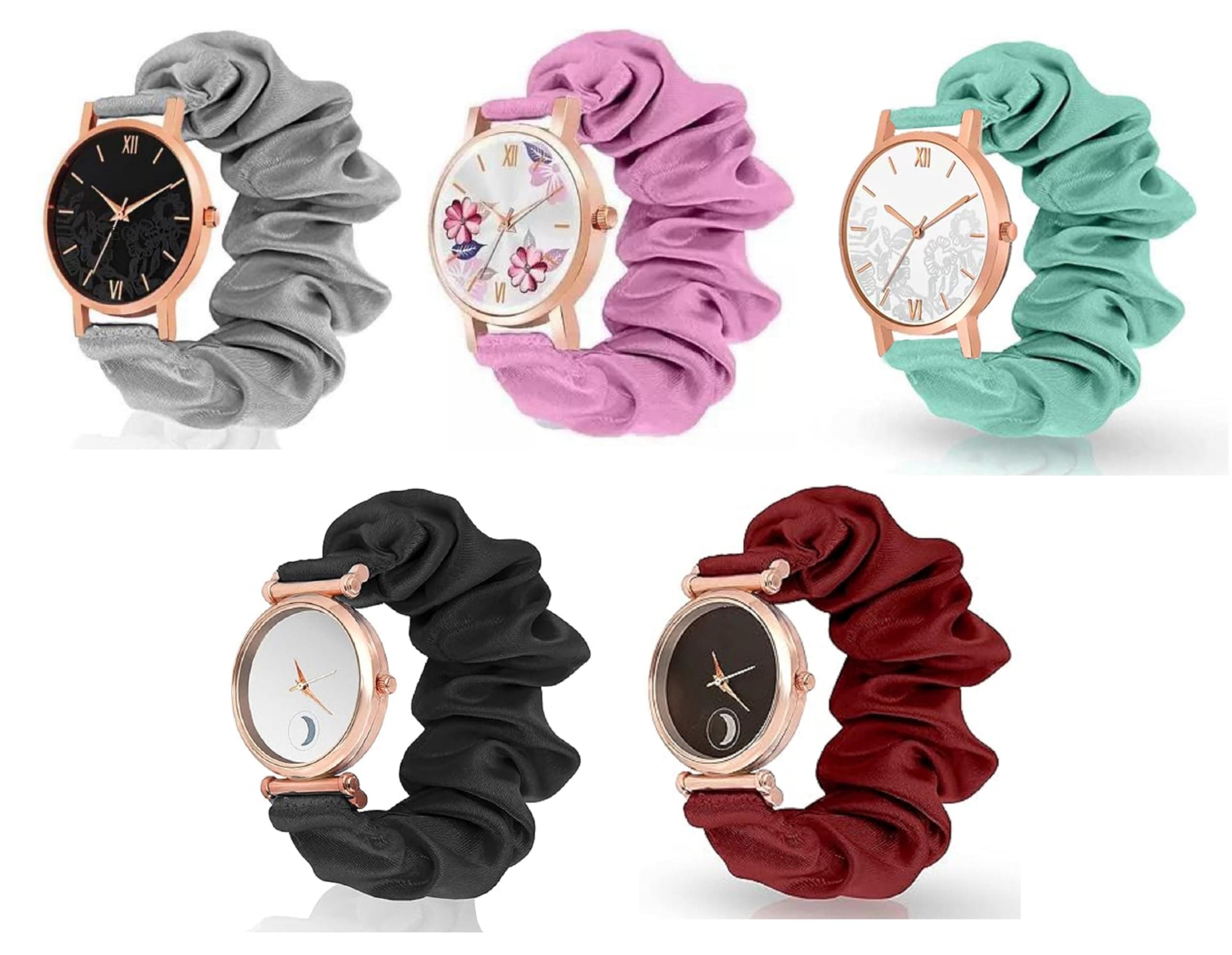 Black Analog Dial Scrunchies Watches Strap Cloth Solid Fabric Wristband Watch Elastic Scrunchy Bands Watch for Women & Girls Multicolour