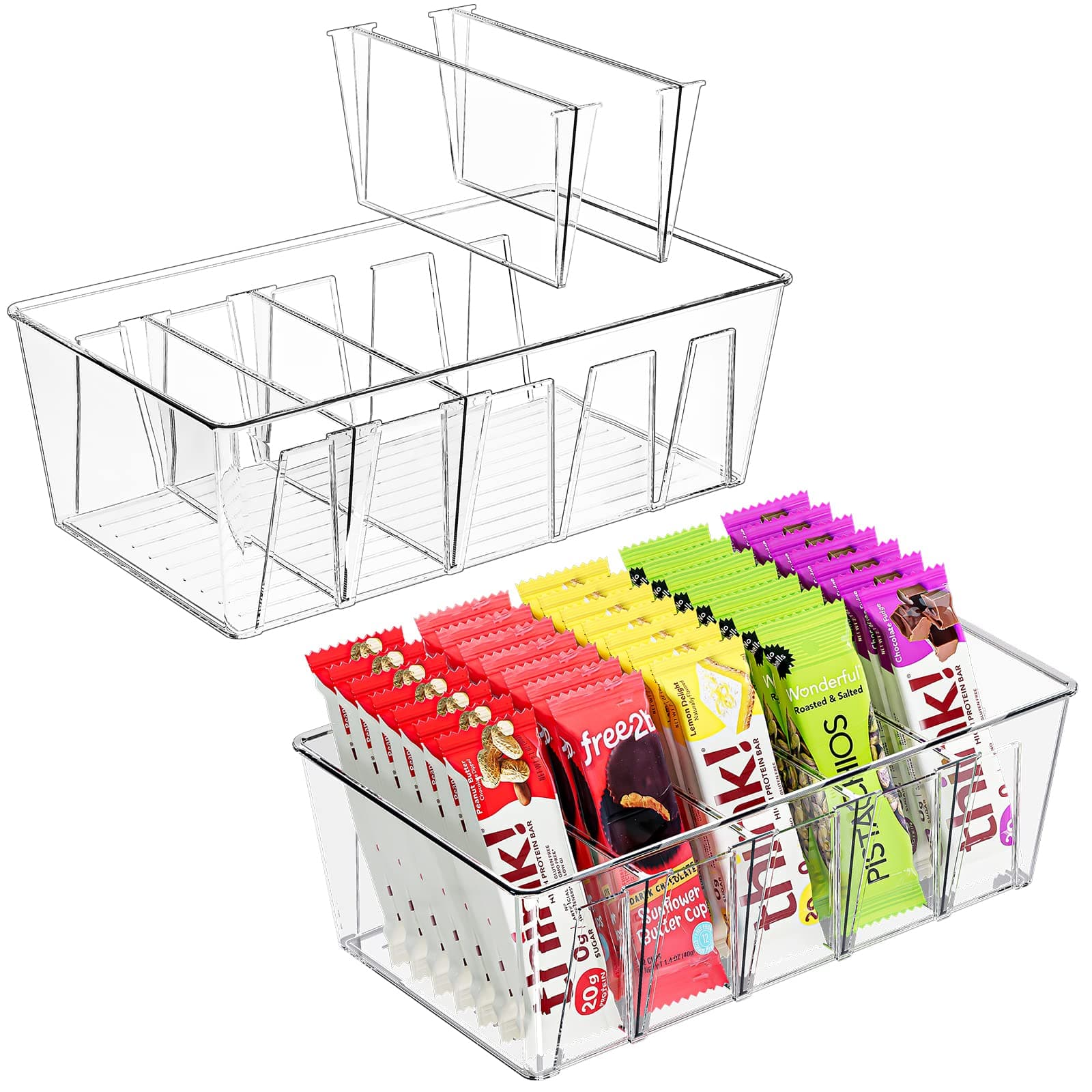 2 Pack Pantry Organization and Storage Bins for Kitchen Fridge Countertop Cabinet, Stackable Clear Plastic Storage Racks with Removable Dividers, 5 Compartments for Snacks Packets Spices
