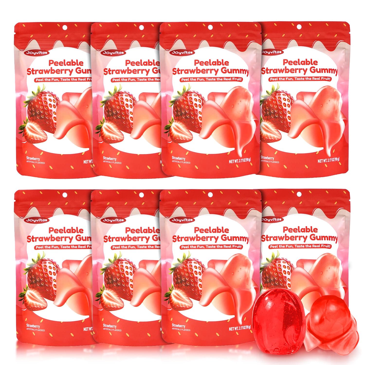 Peelable Strawberry Gummy Candy | 8-Pack (25.4oz) Individually Wrapped Tropical Variety | Low Sugar & Low Calorie | Resealable | Ideal New Year Treats & Celebration Bites