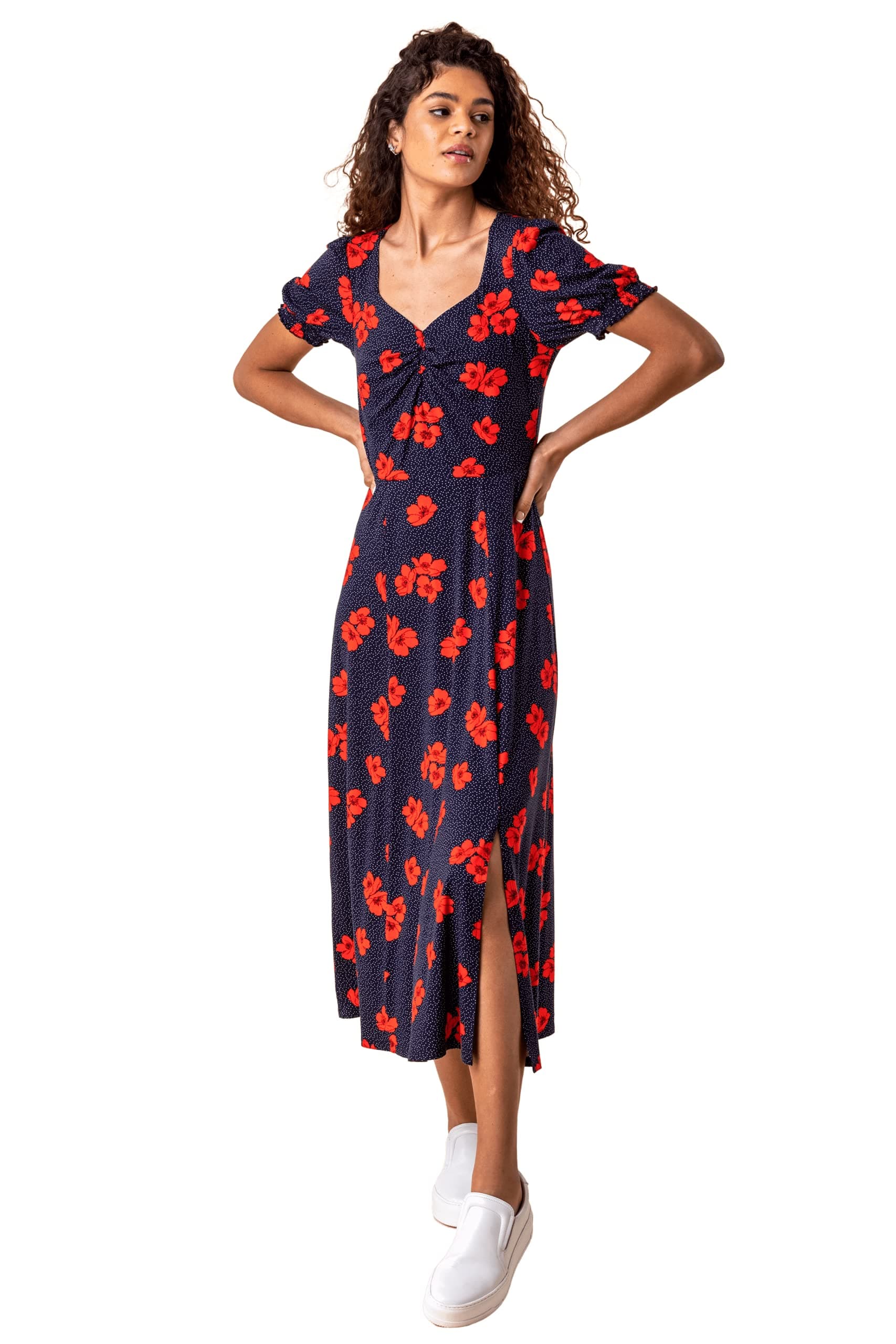 Women Ditsy Floral Print Dress Ladies Ruched Midi Maxi Long Length Short Sleeve Sweetheart Neck Flattering Casual Jersey Summer Autumn Party Daywear Evening