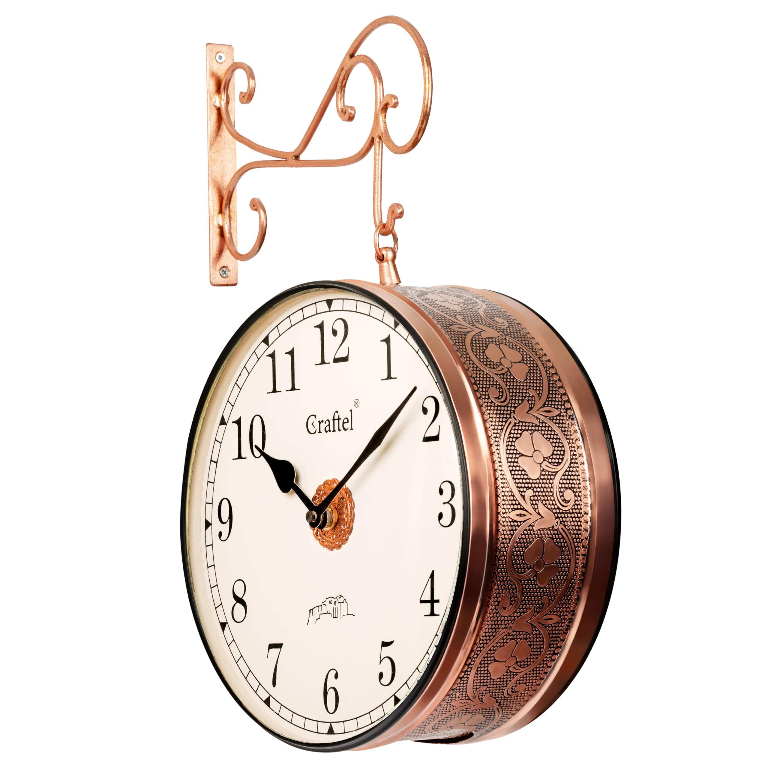 CRAFTEL Metal Analog Double Sided Vintage English Roman Station Wall Clock for Living Room (Rose Gold_12 Inches)