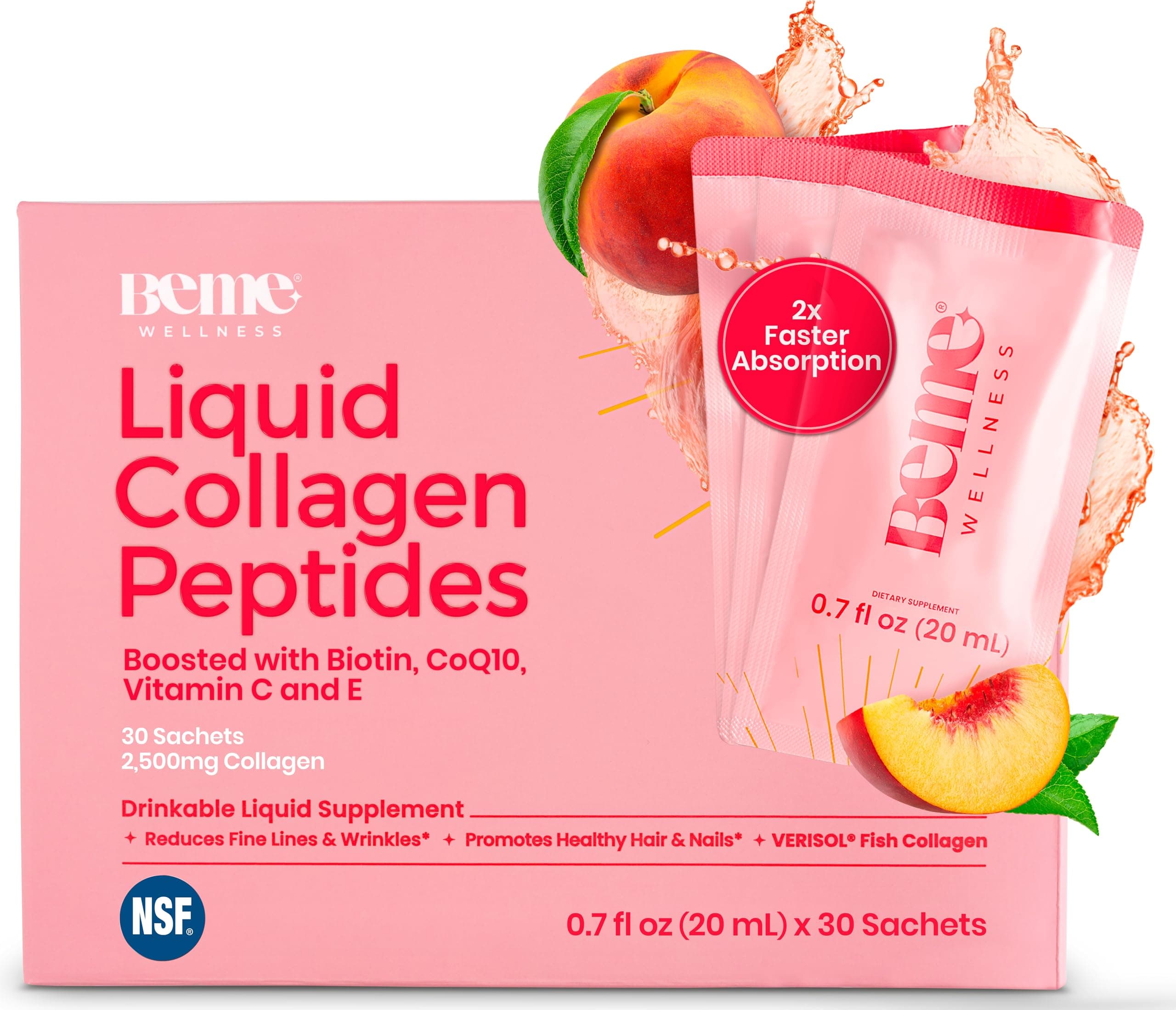 BeMe BeRadiant Liquid Collagen Peptide for Hair, Skin & Nails with 2X Faster Absorption – Clinically Tested – 2500mg Verisol® Hydrolyzed Collagen Supplements for Women with Biotin, CoQ10 & Vitamin C