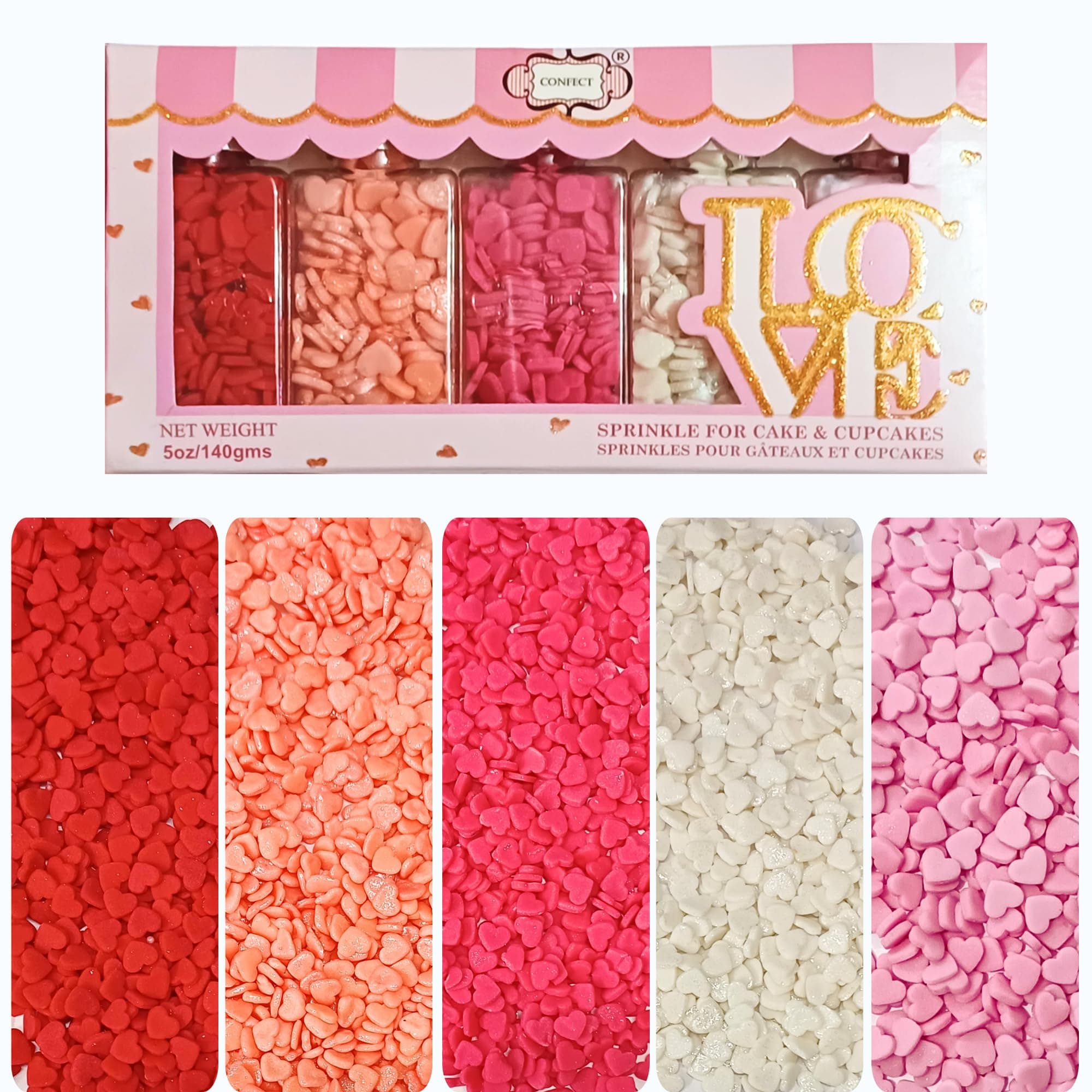 Confect Red, White & Pink Heart Sprinkles, Sprinkles for Baking & Cake Decorative, Cookie Sprinkles, Celebration Sprinkles, Baby Shower Sprinkles, Edible Sprinkles Mix Pack of 5-100gms