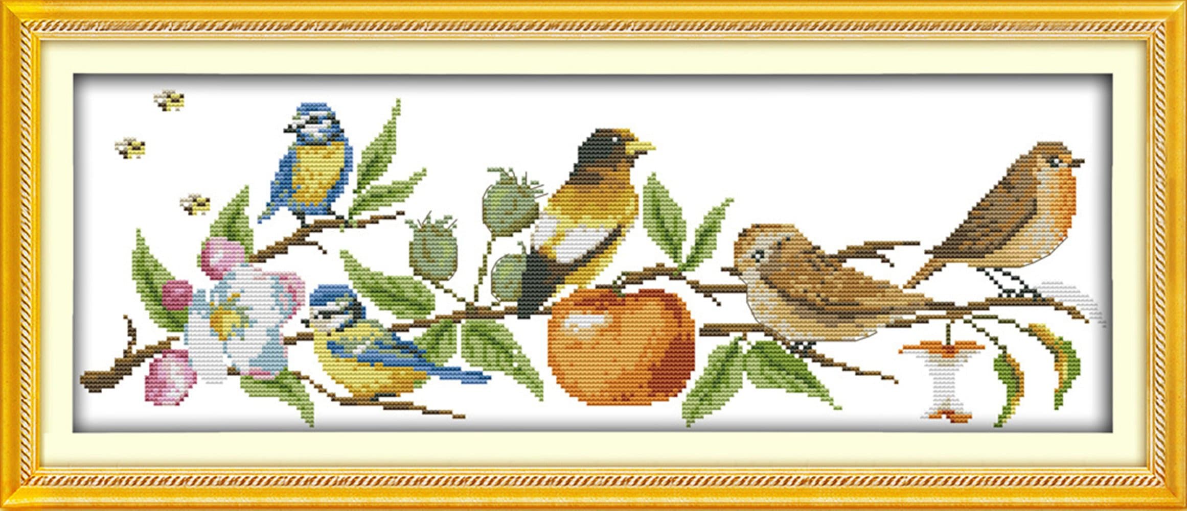 eGoodn Cross Stitch Stamped Kit Pre-Printed Pattern Birds on The Tree, 11ct Aida Fabric Size 26 inches by 9.8 inches for Embroidery Needlework Art Crafts Lovers, No Frame