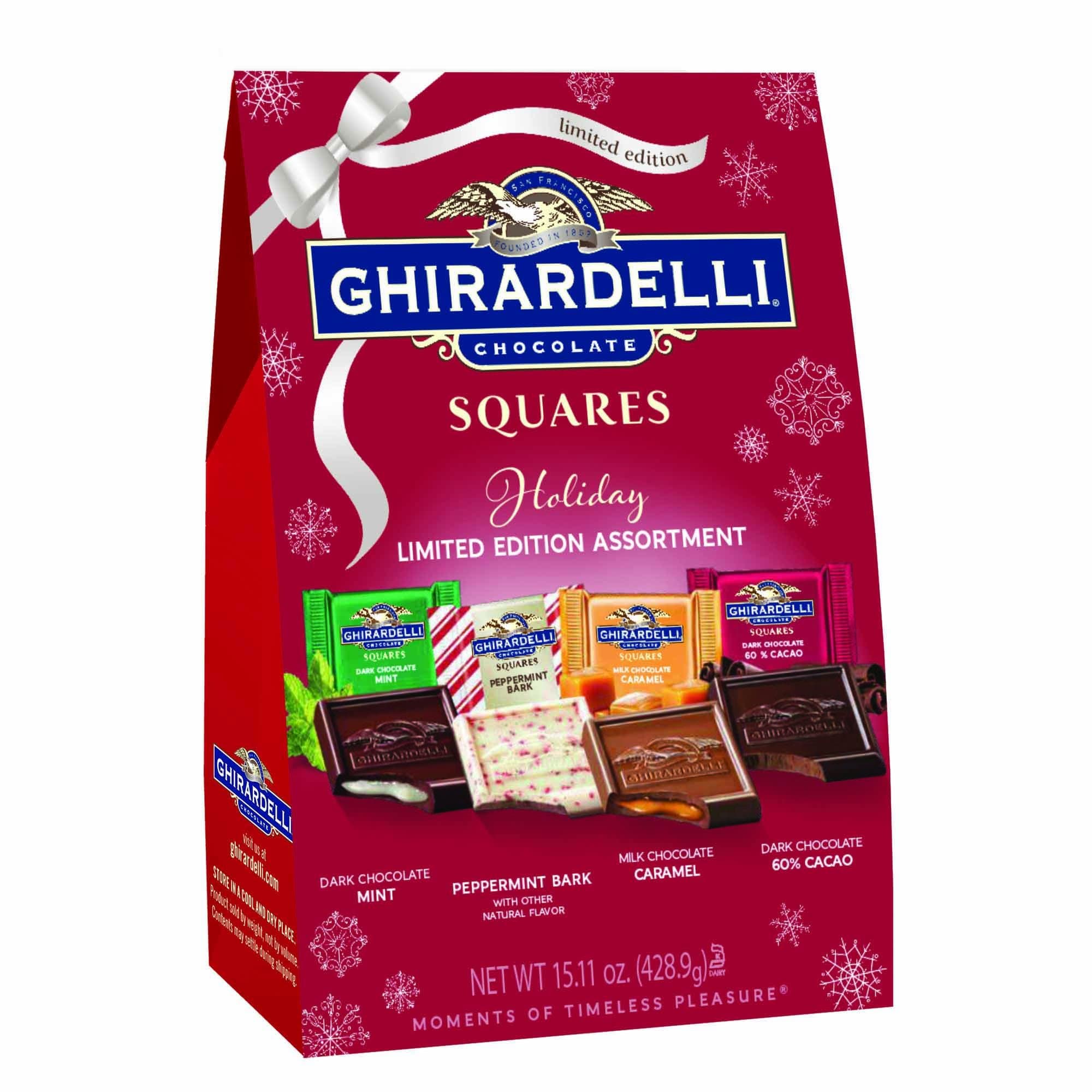 Ghirardelli Chocolate Squares Limited Edition Holiday Assortment | 14.8 oz XL Bag | Dark Chocolate, Mint Peppermint, Bark Milk Chocolate, Caramel Dark Chocolate 60% Cacao
