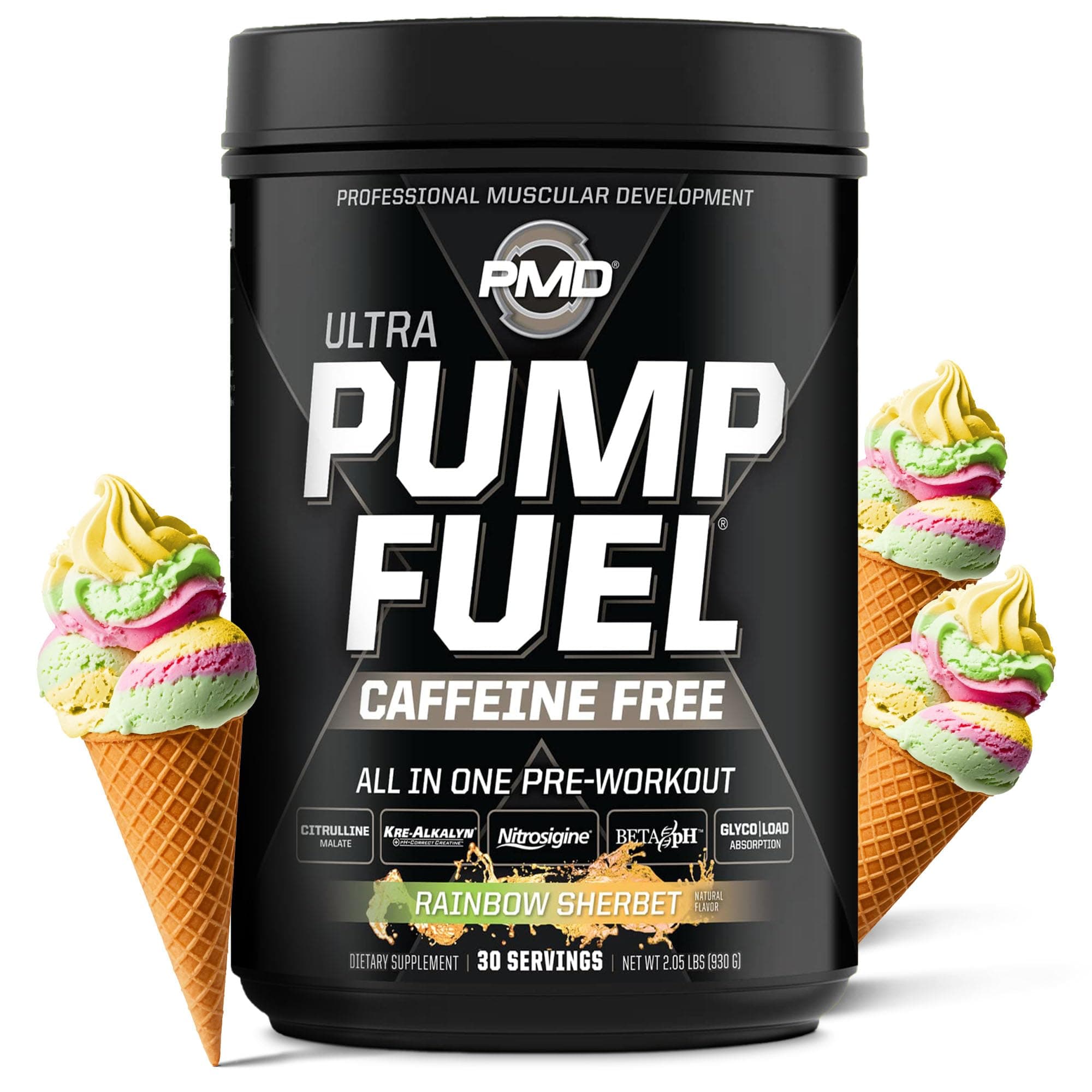 PMD Sports Ultra Pump Fuel Caffeine Free - Pre Workout Drink Mix - Energy, Strength, Endurance, Recovery Complex Carbohydrates And Amino Energy - Rockin Rainbow Sherbet (30 Servings)