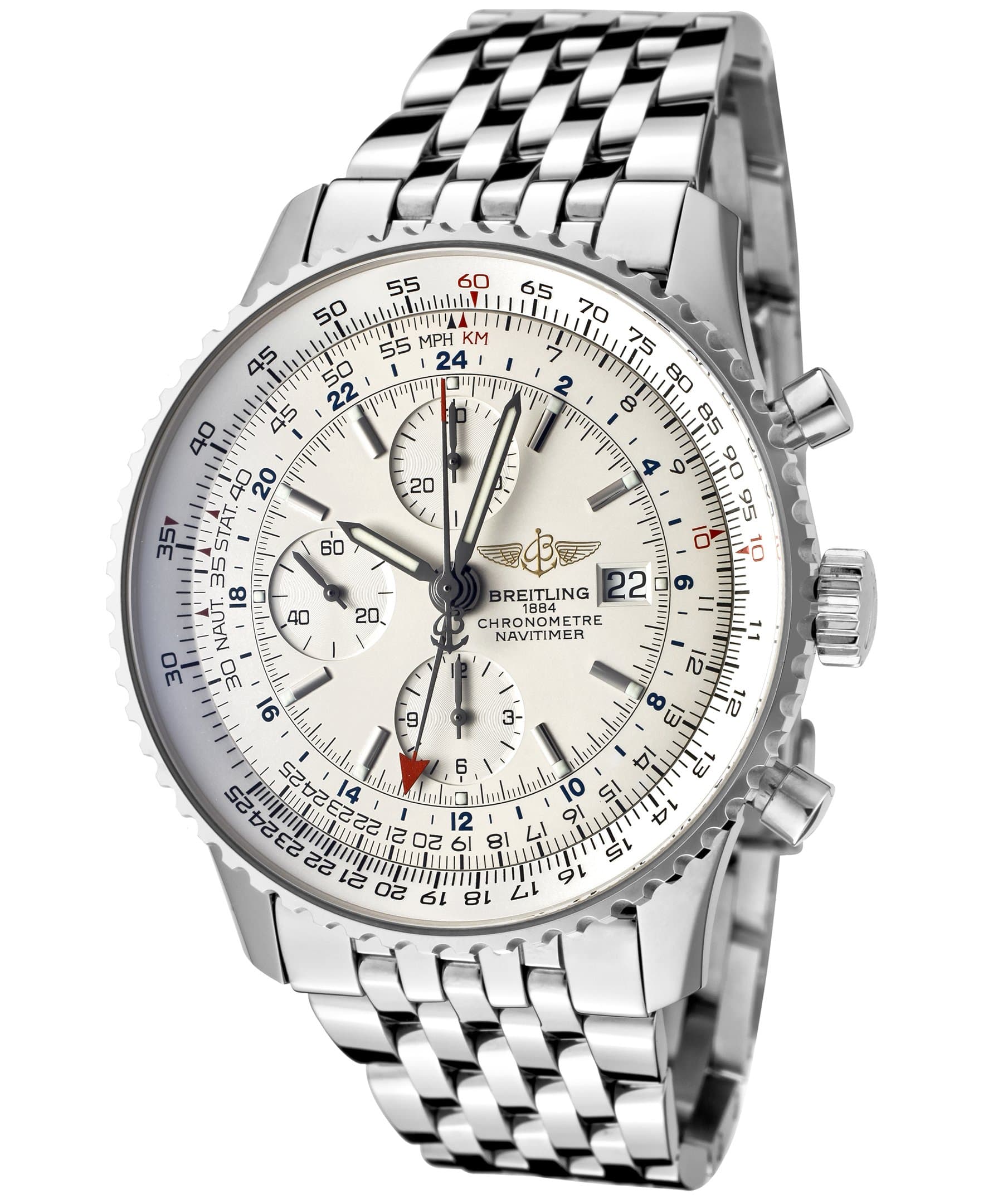 Breitling Men's Navitimer Automatic Mechanical GMT Chrono Silver Dial Stainless Steel