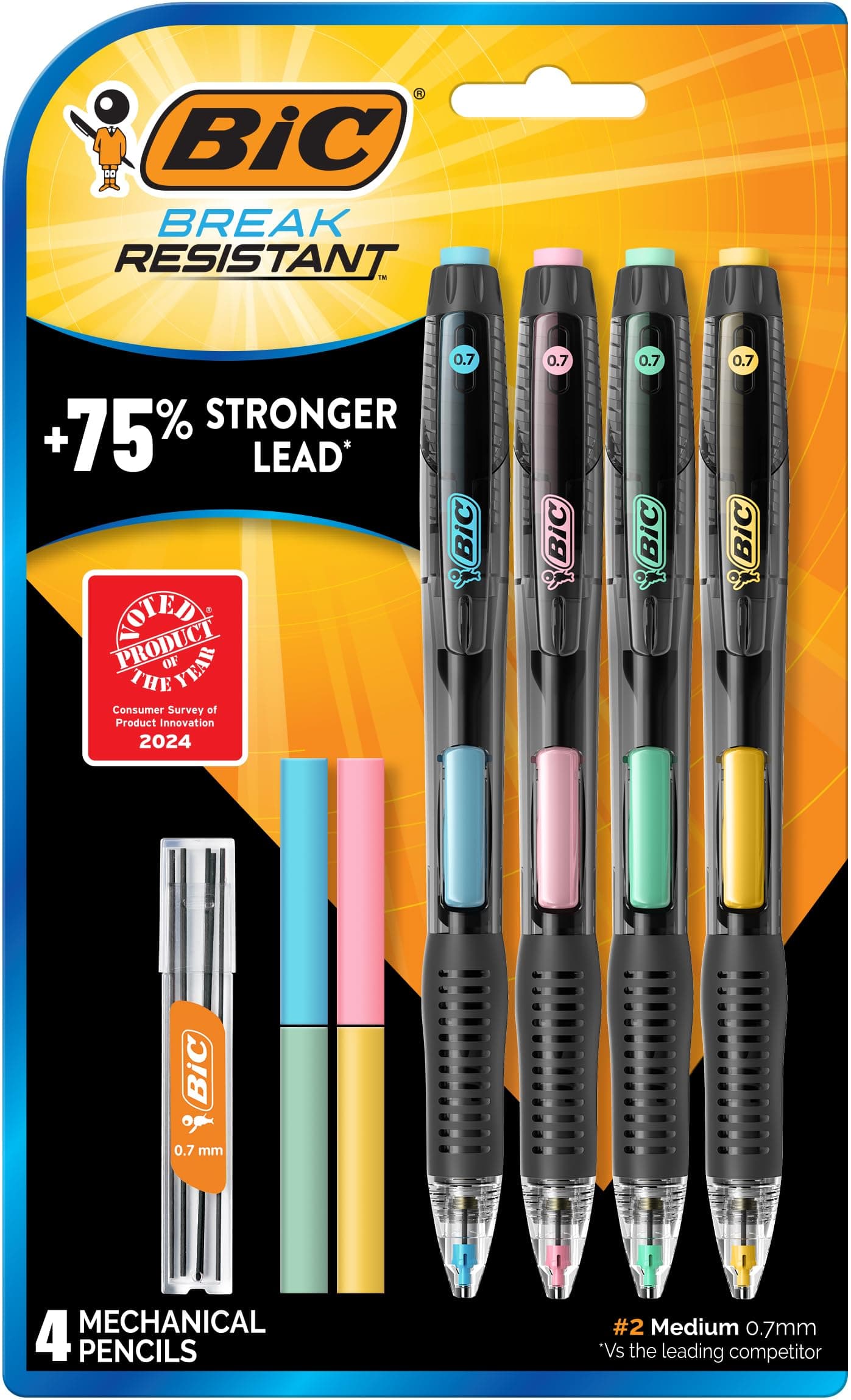 BIC Break-Resistant Mechanical Pencils with Erasers, No. 2 Medium Point (0.7mm), 4-Count Pack Pencils for School or Office Supplies