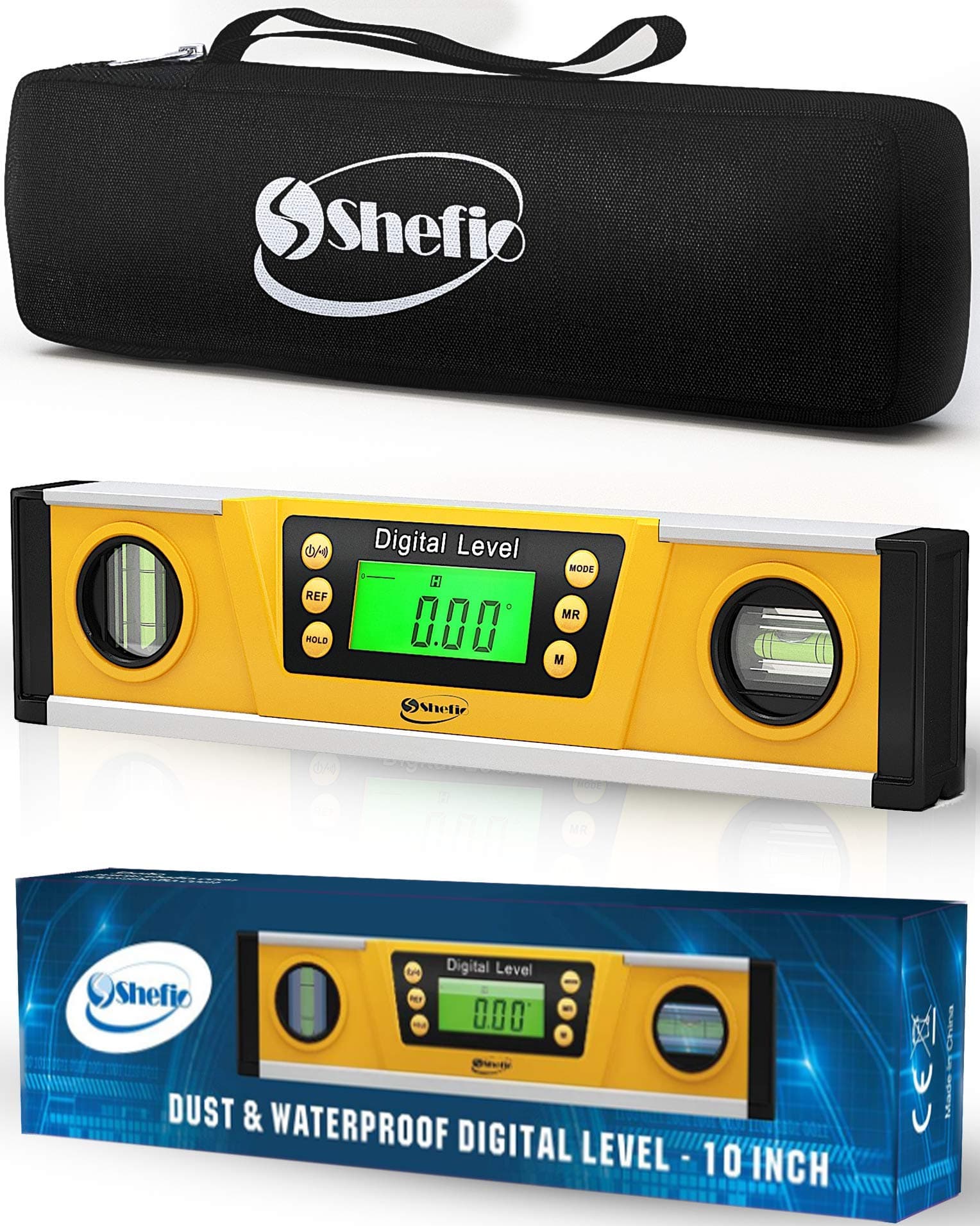 Shefio Digital Level - 10 Inch Torpedo Level And Protractor, Bright Lcd Display, Audio Indicator, Magnetic Base - Includes Batteries And Case