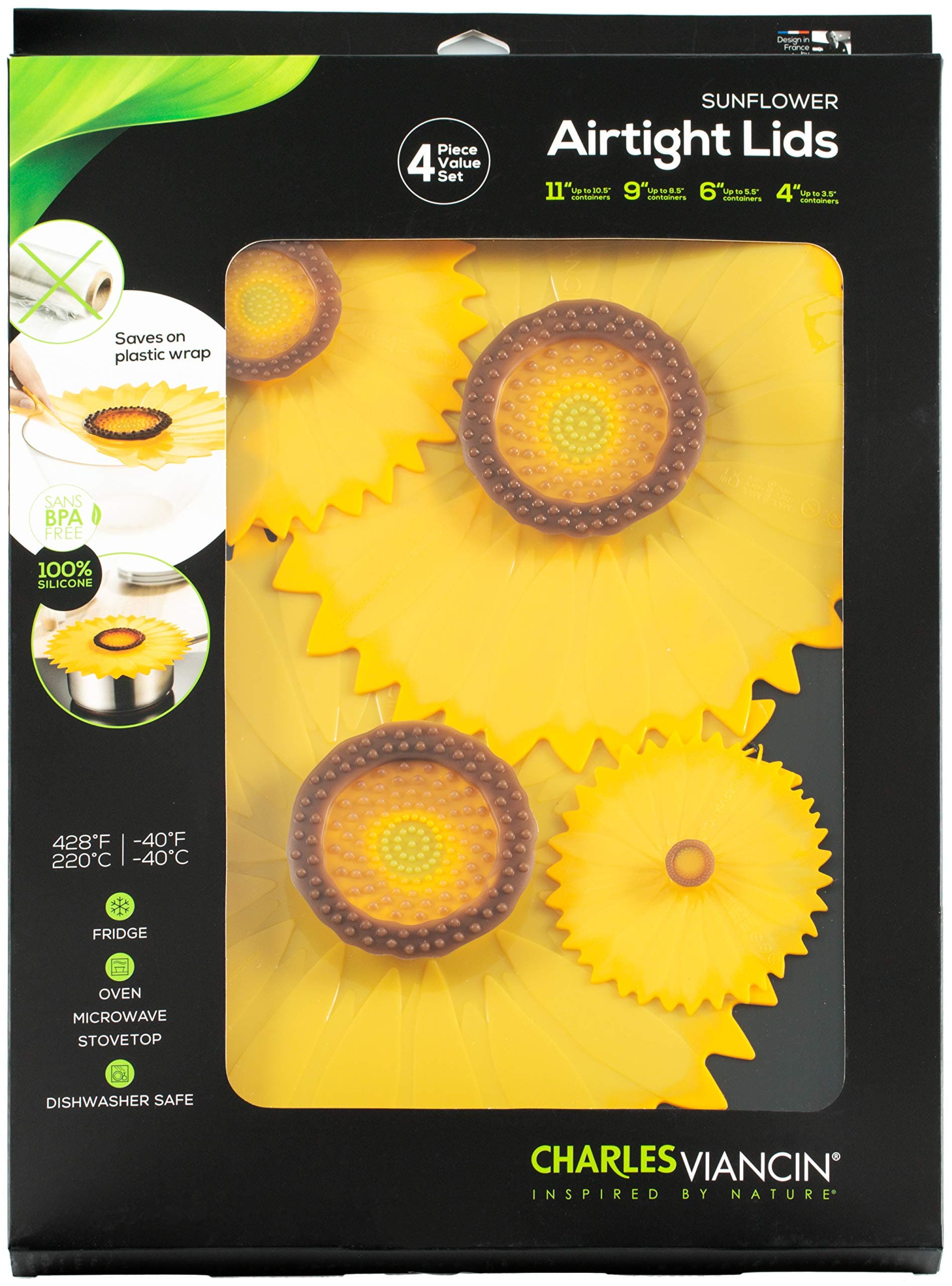 Charles Viancin - Sunflower Lid Gift-Box - Set of 4 Silicone Lids for Food Storage and Cooking - 11''/28cm + 9''/23cm + 6''/15cm + 4''/10cm - Airtight Seal on Any Smooth Rim Surface