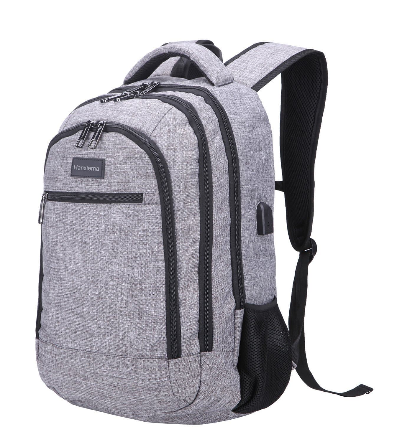 Hanxiema 900D Oxford School Backpack, USB Charging Port，Durable Waterproof Backpack, Anti-Theft Travel Laptop Backpack for Men and Women (Light-Grey HXm-01-1)