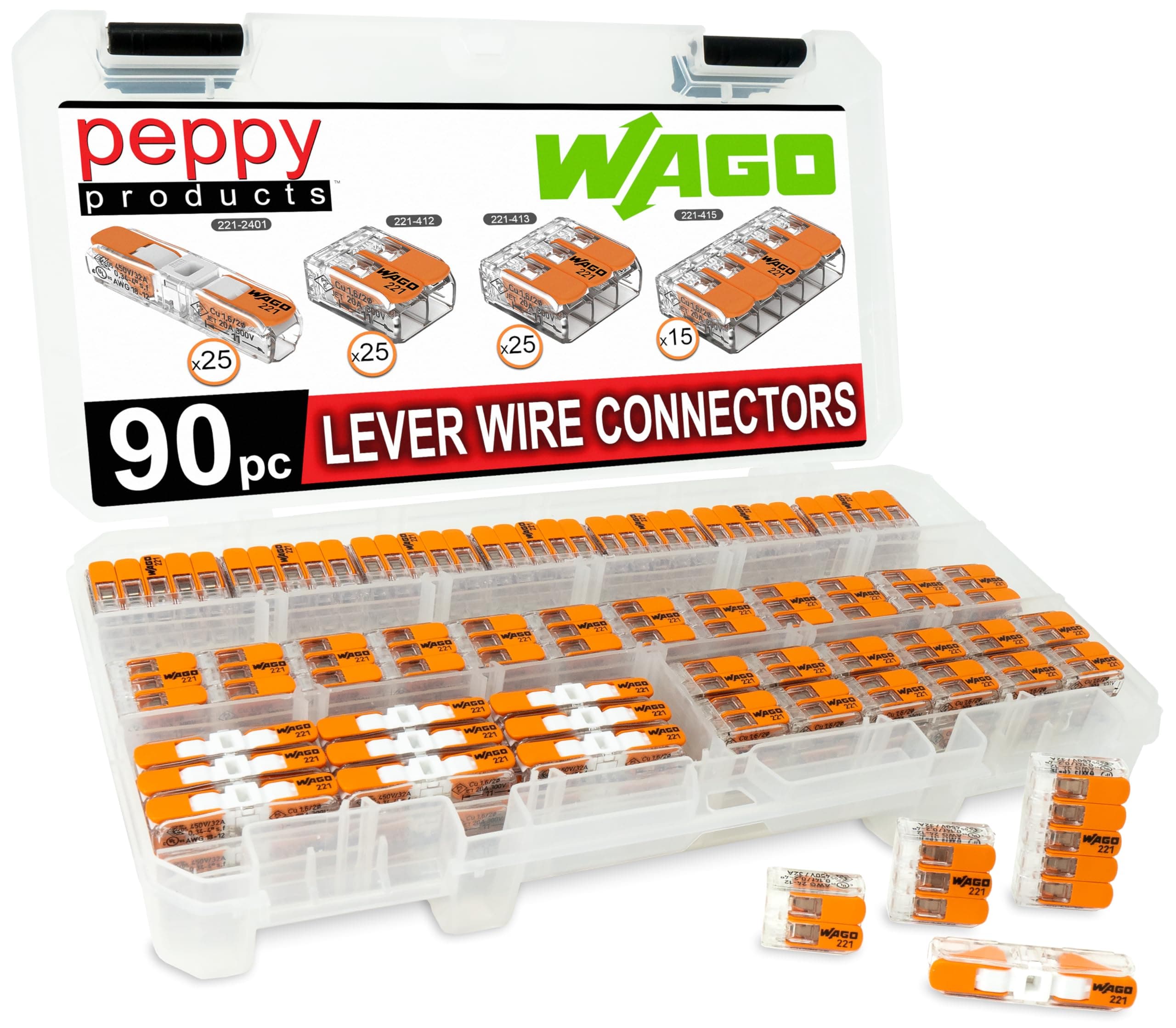 WAGO 221 Lever Nuts 90pcs Compact Splicing Wire Connectors with Assorted Case (25x) 221-2401, (25x) 221-412, (25x) 221-413, (15x) 221-415