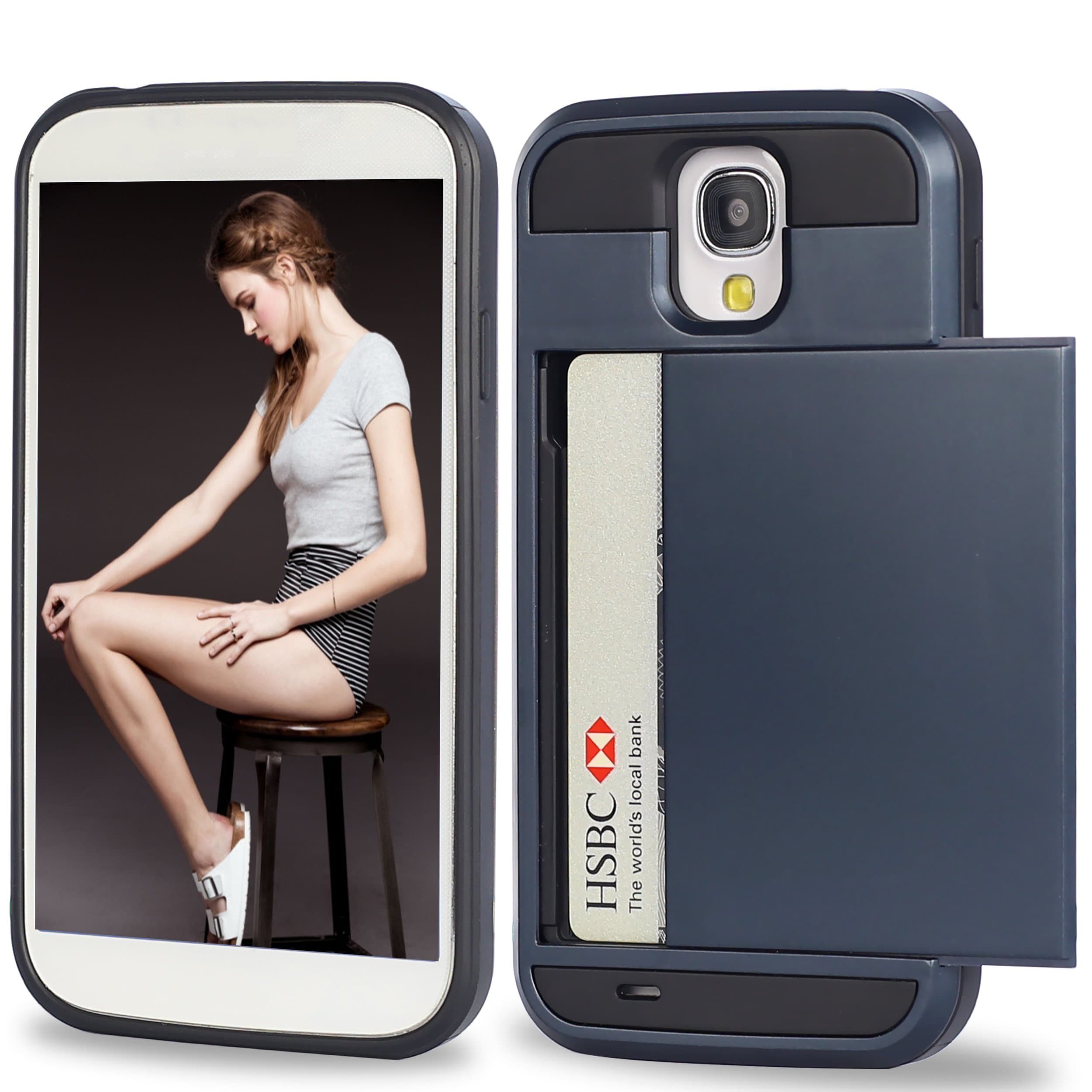 Galaxy S4 Case,by Ailun,Galaxy i9500,Protective Shell-Smooth Card Slider Wallet&Flexible Shockproof Rubber Bumper&Anti-scratch PC Back Cover,Siania Retail Package[Navy]