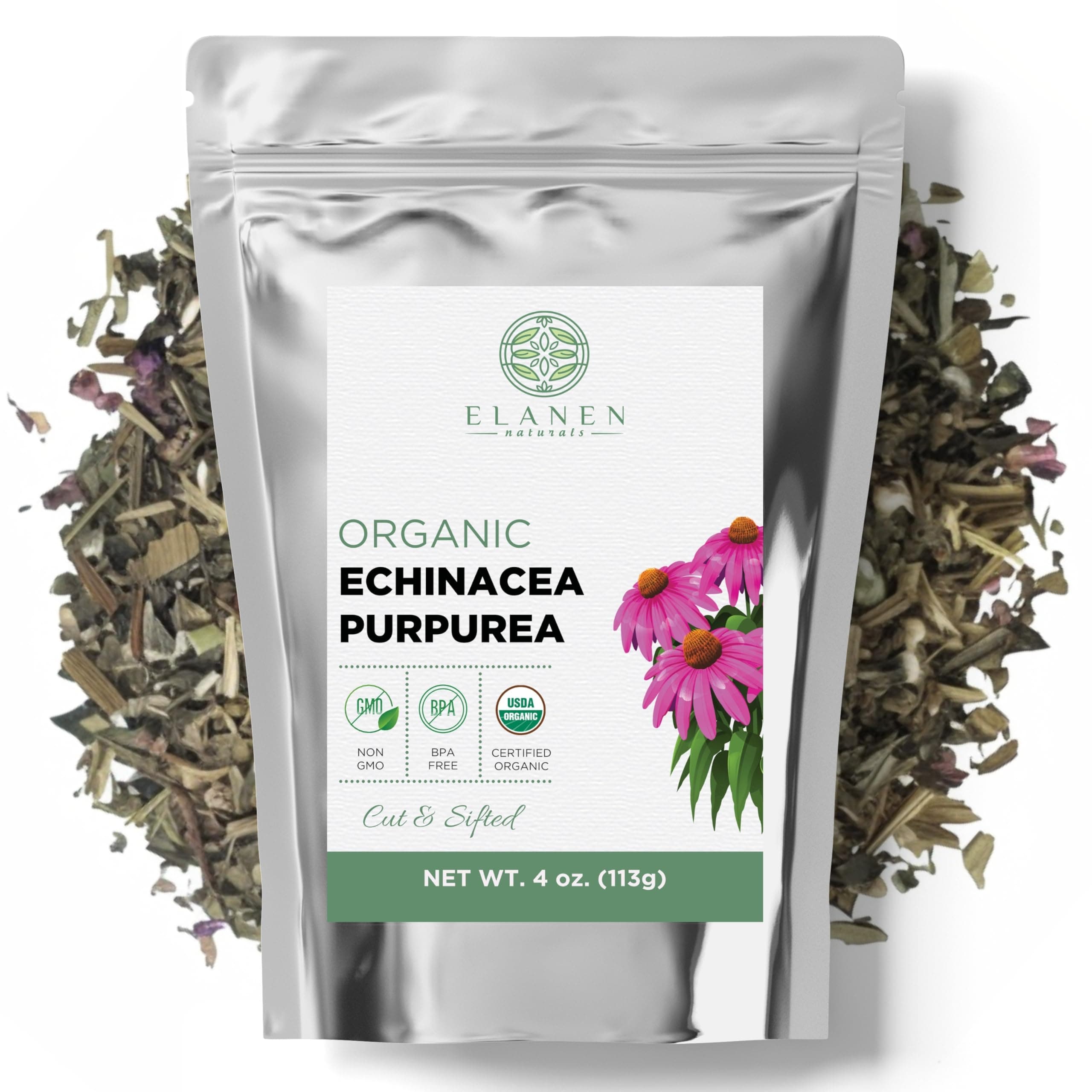 Organic Echinacea Purpurea 4 oz. (113g), USDA Certified Dried Echinacea Tea, Premium Quality Herb, Purple Coneflower, Cut & Sifted